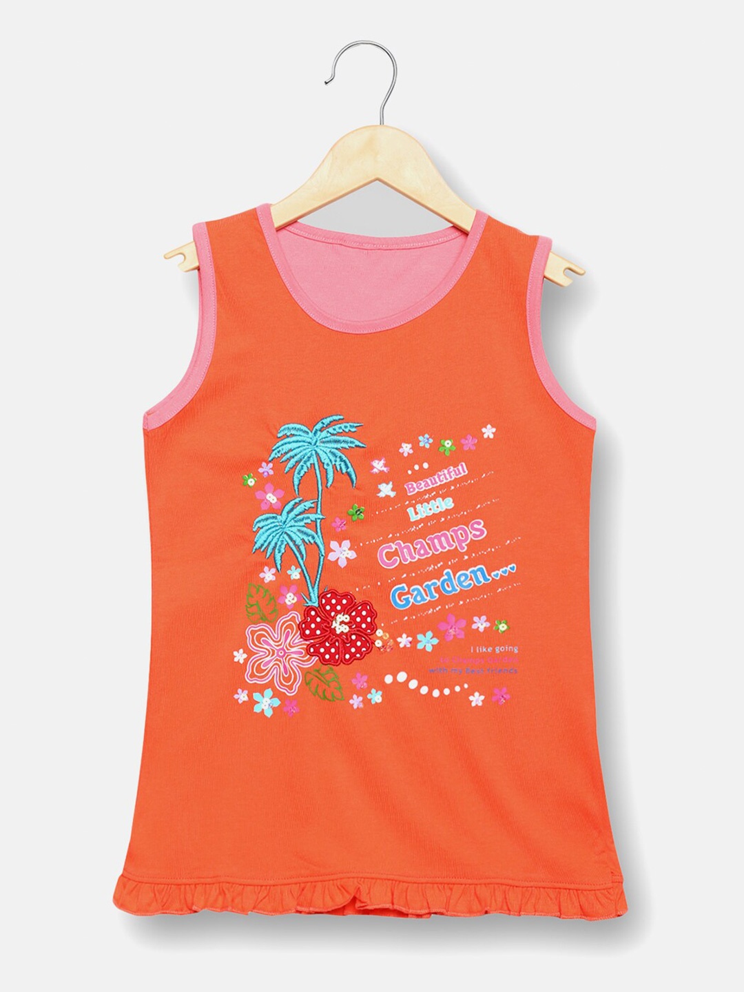 

V2 Value & Variety Girls Orange & Blue Floral Printed Round Neck Cotton Regular Top