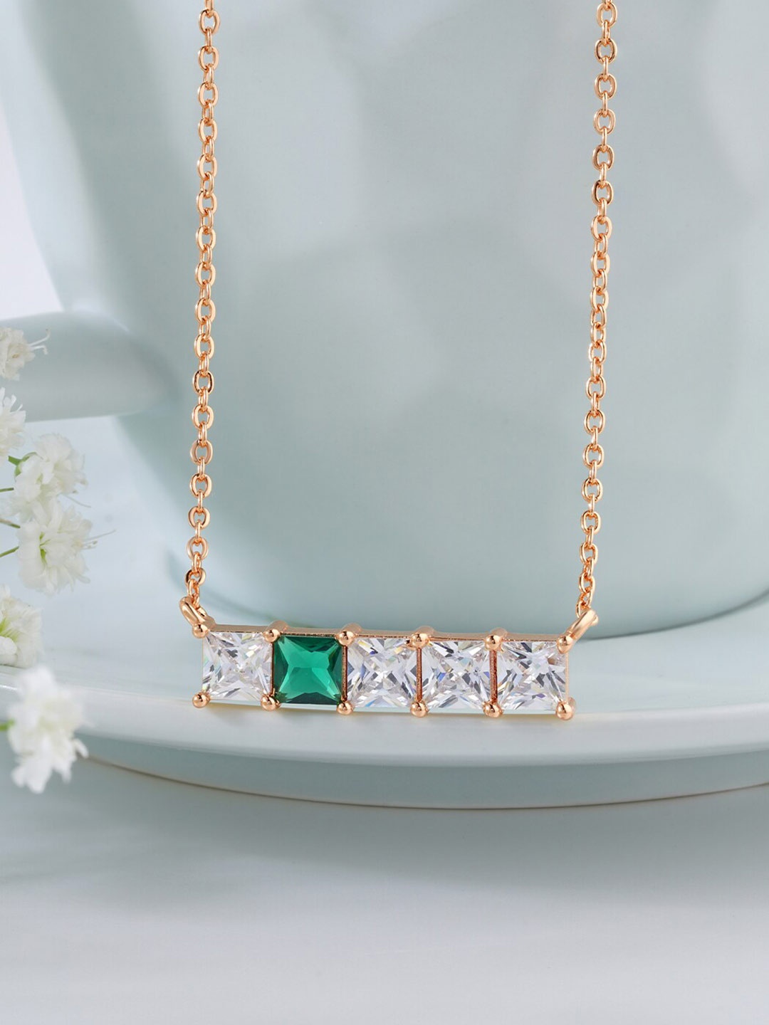 

MINUTIAE Rose Gold & Green Brass Rose Gold-Plated Studded Pendant Necklace