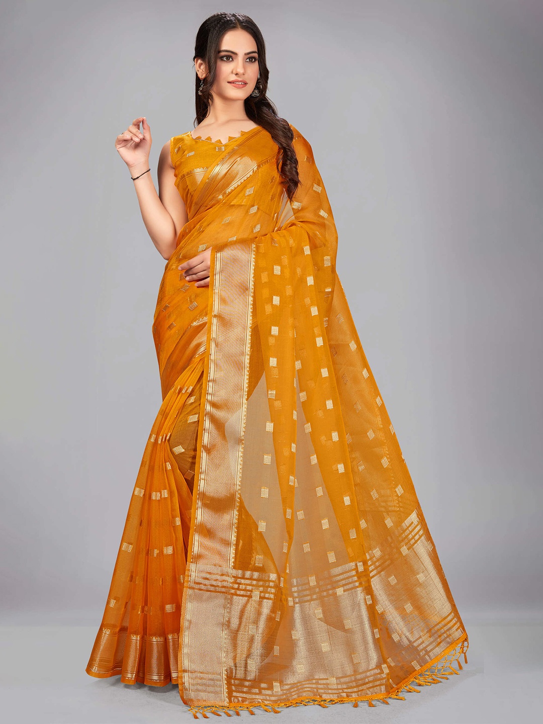 

MANOHARI Yellow & Gold-Toned Woven Design Zari Silk Blend Saree