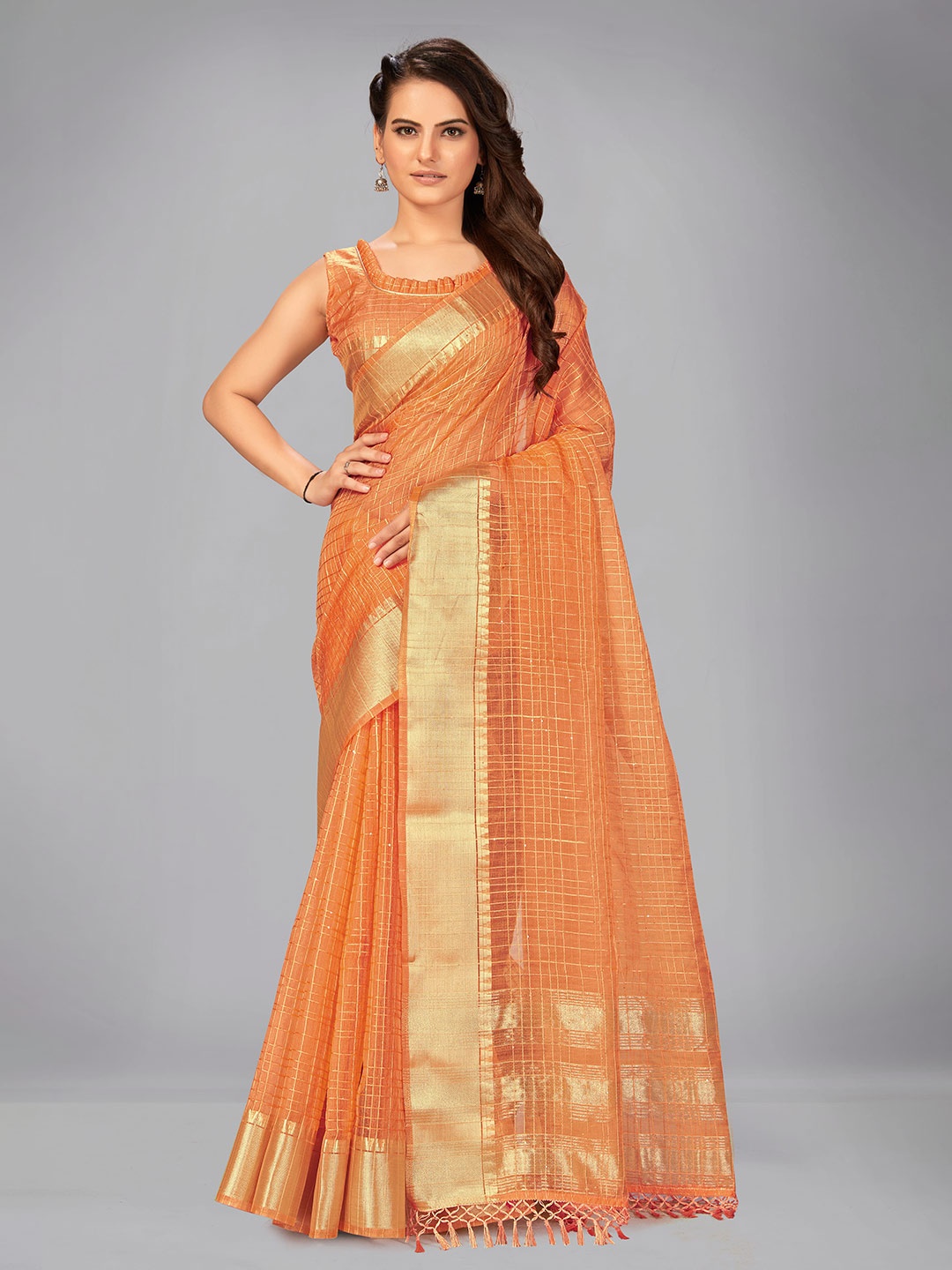 

MANOHARI Orange & Gold-Toned Woven Design Zari Silk Blend Saree