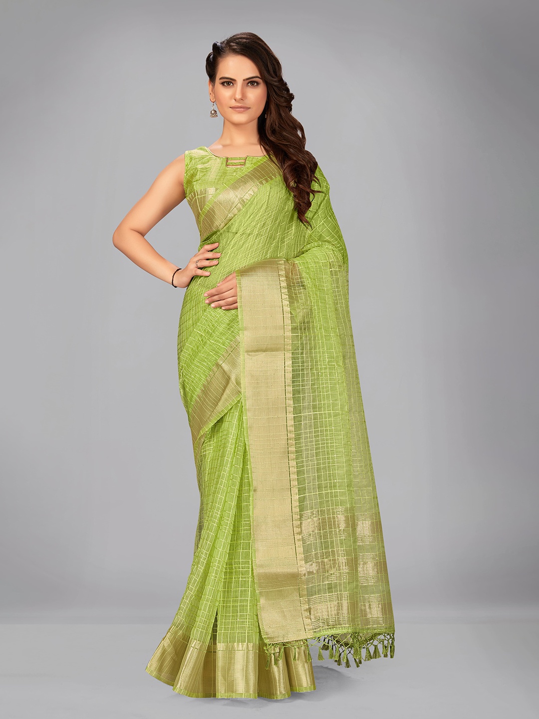 

MANOHARI Lime Green & Golden Checked Zari Silk Blend Saree