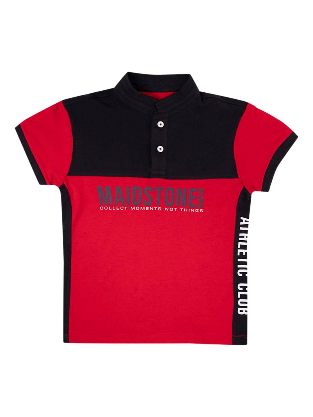 

Cantabil Boys Red & Black Colourblocked Cotton Polo Collar T-shirt