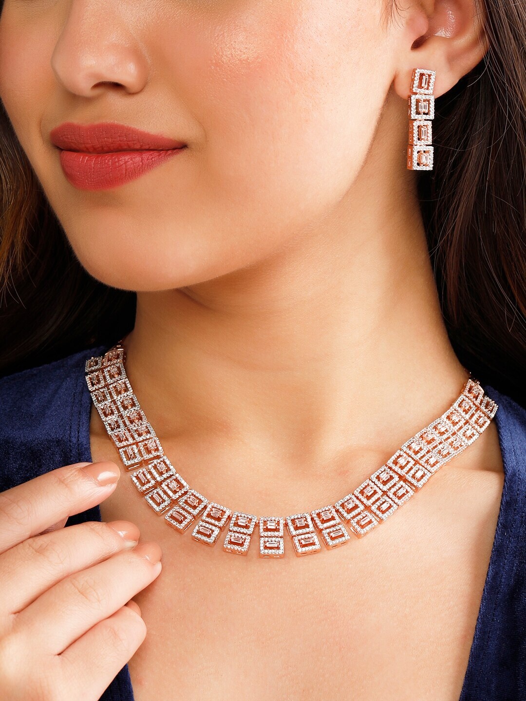 

Rubans Rose Gold-Plated White AD-Studded Jewellery Set