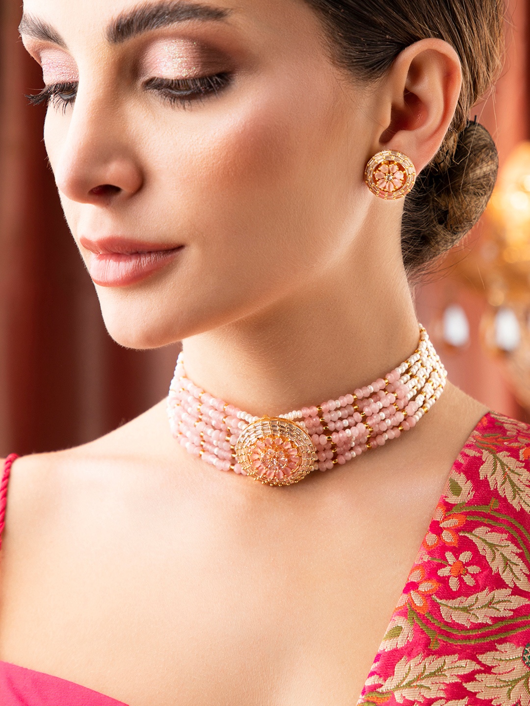 

Rubans Gold-Plated Pink Kundan Stone-Studded Jewellery Set