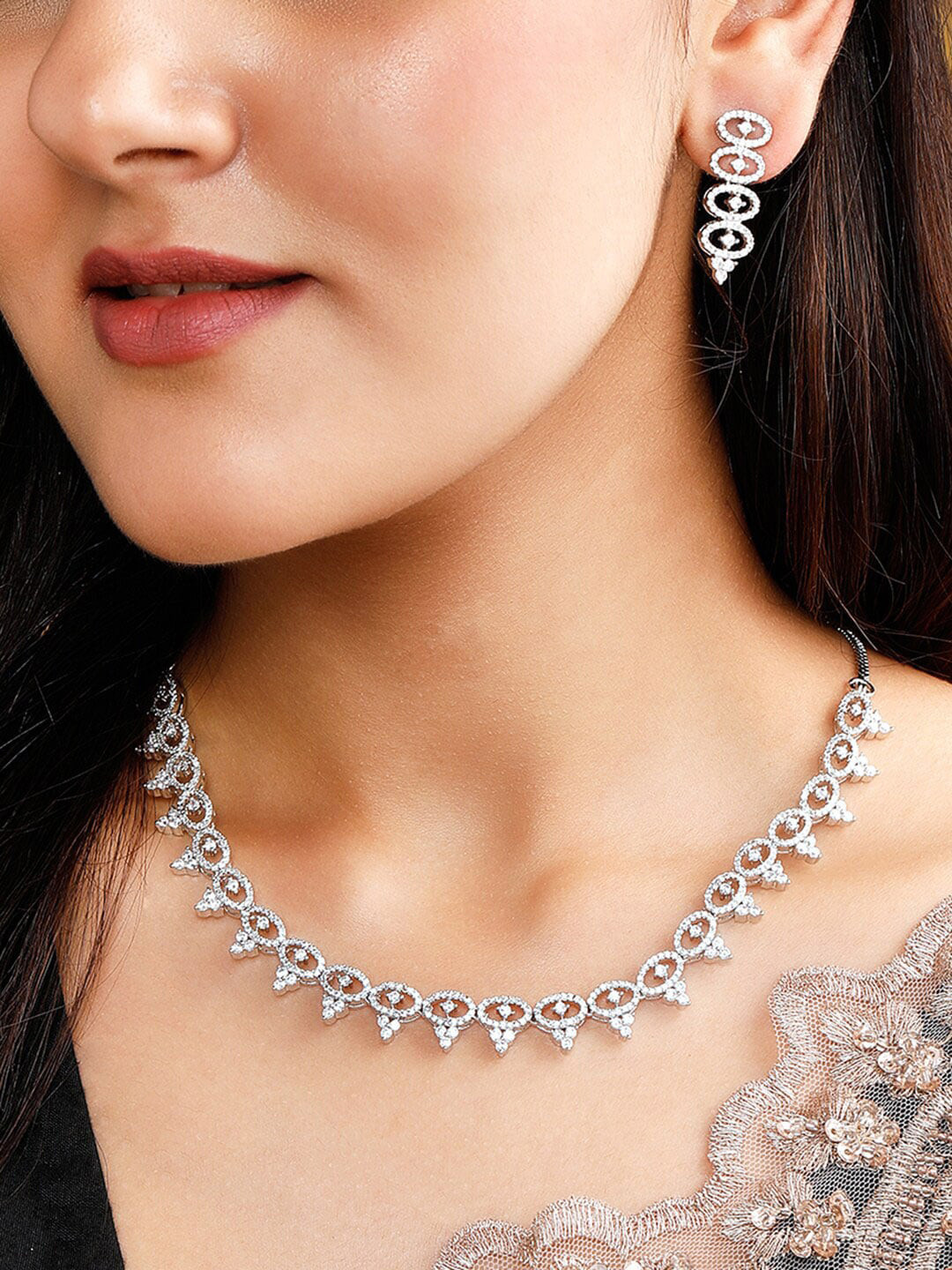 

Rubans Silver-Plated White AD-Studded Jewellery Set
