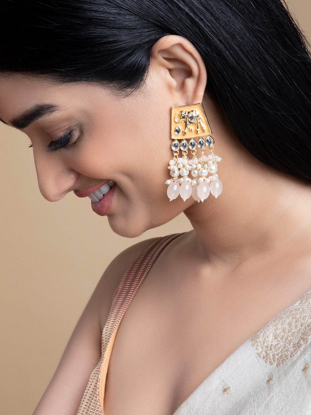

Rubans 18k Gold Plated Elephant Design Orange Enamel Drop Earring with Orange & Pearl Beads