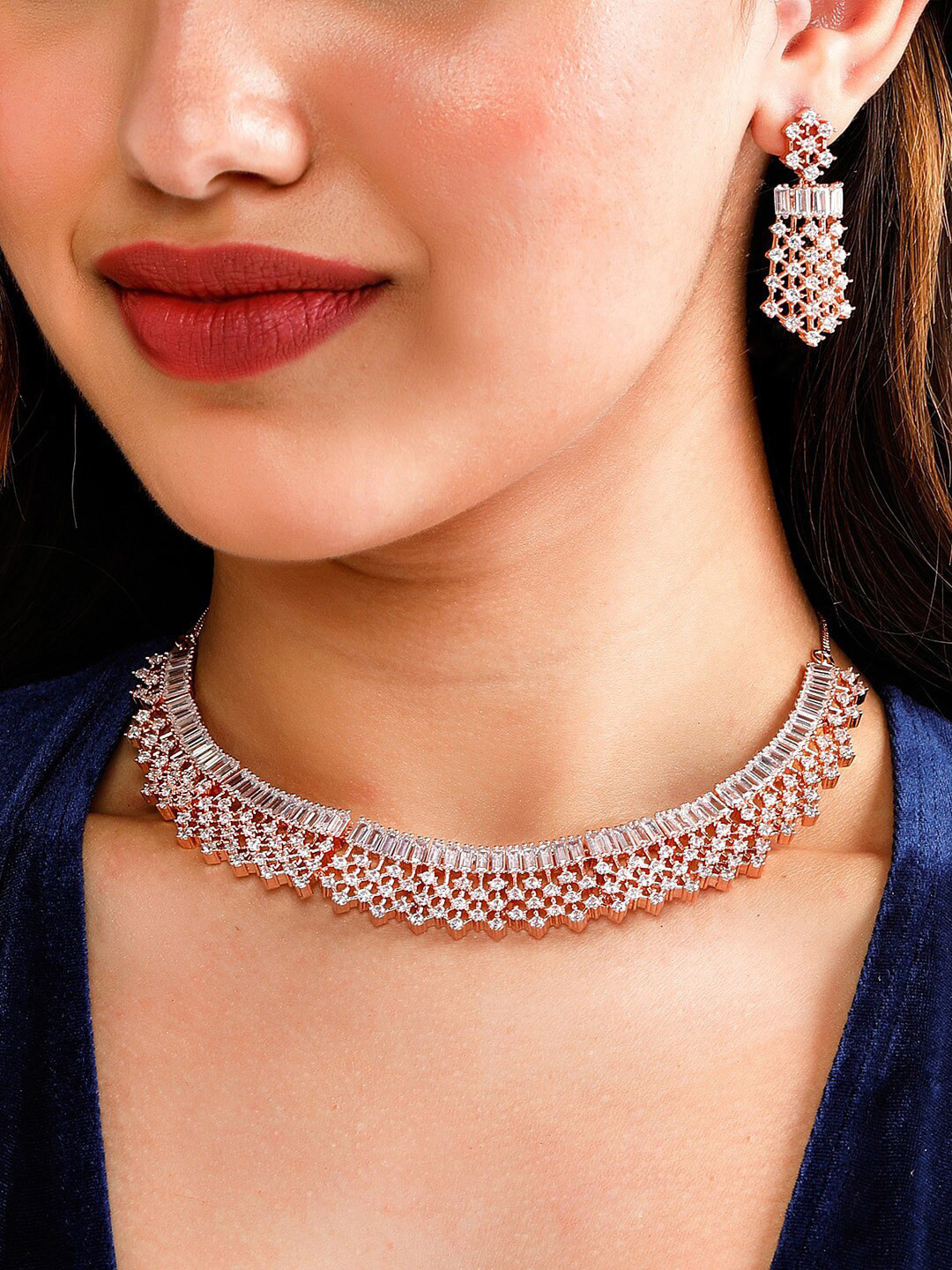 

Rubans Women Rose Gold-Plated White CZ-Studded Jewellery Set