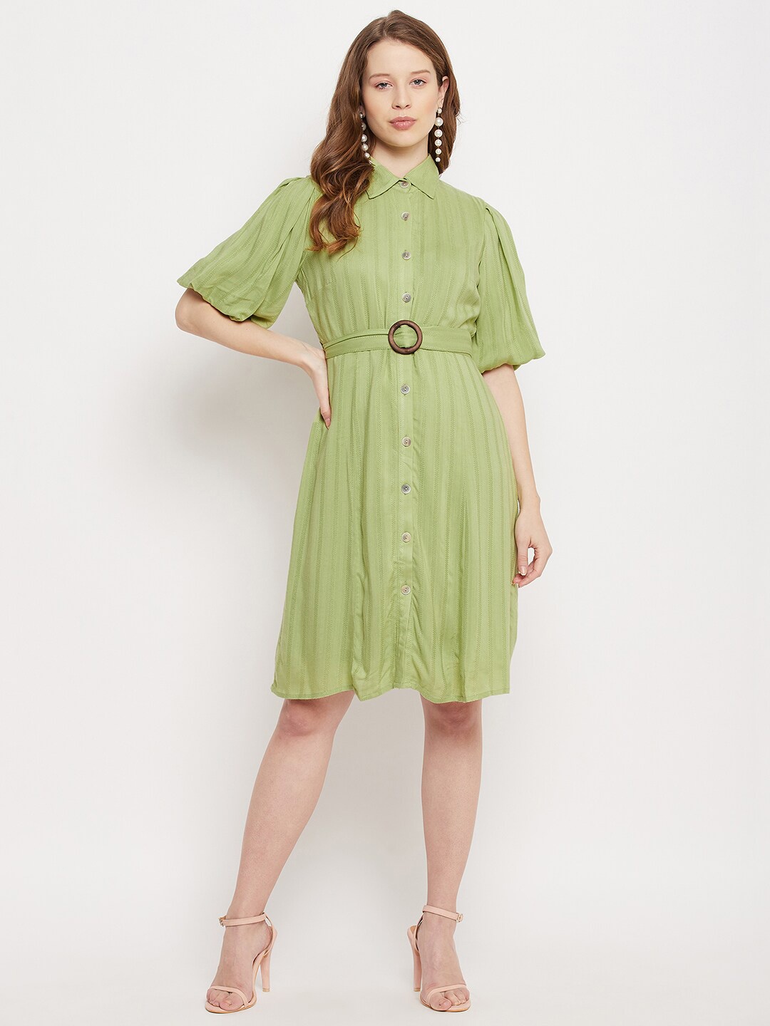 

Madame Green Self Designed Puffed Sleeves 100% Cotton Belt Shirt Dress