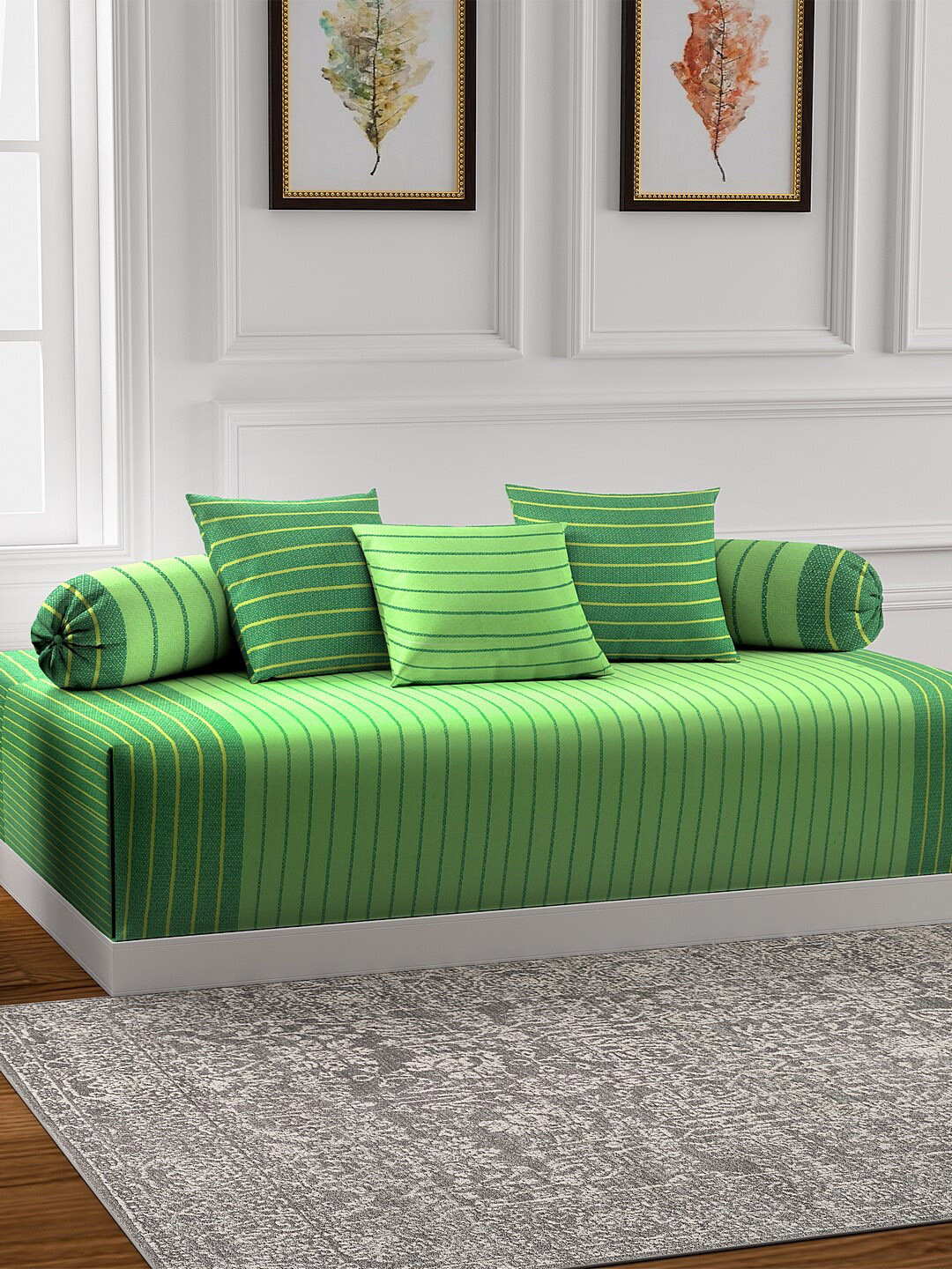 

KLOTTHE Green Striped Cotton Diwan Set With Bolster & Cushion Covers