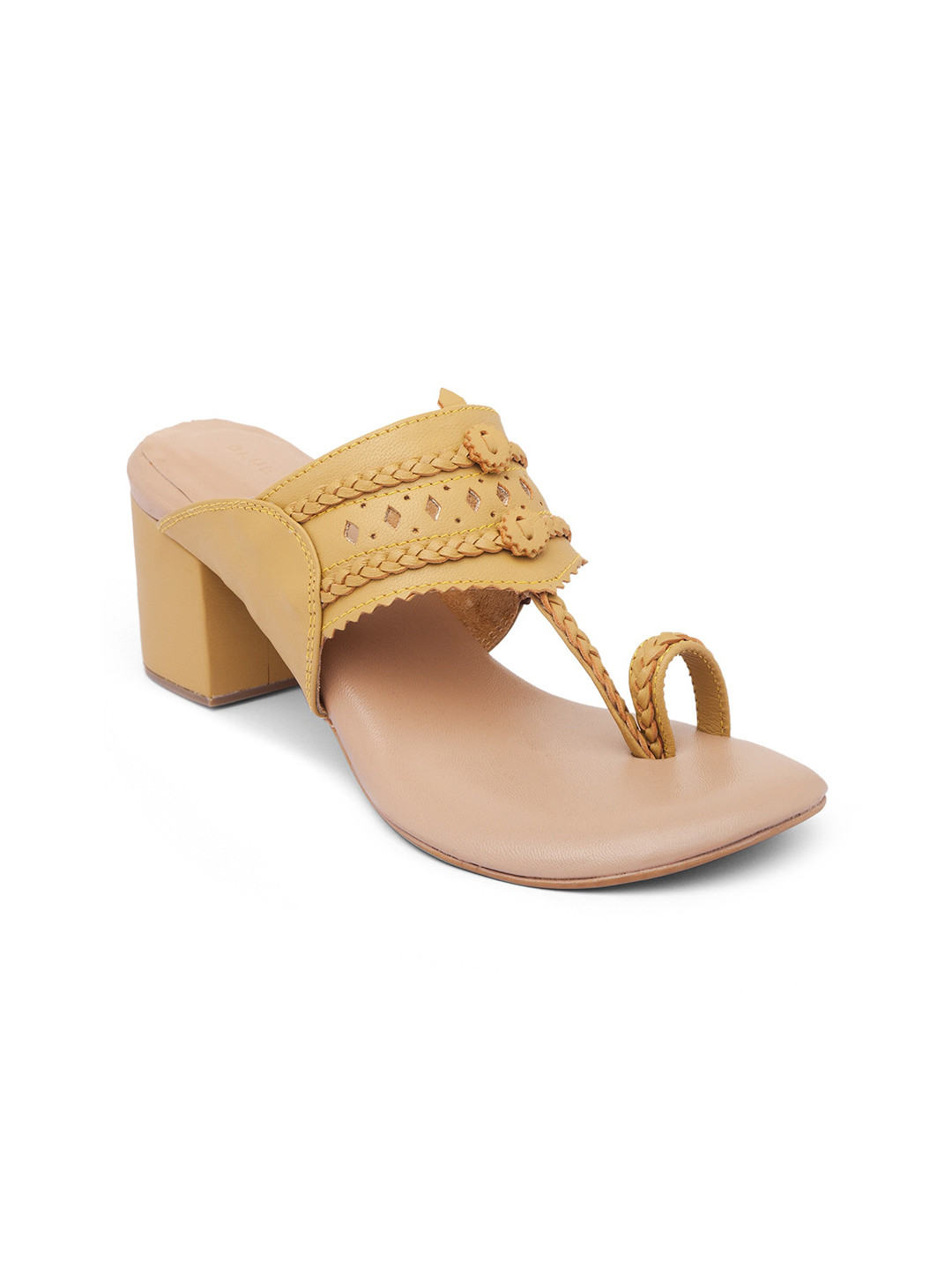 

BLUE BAKSA Women Leather Kolhapuri Block Heels, Yellow