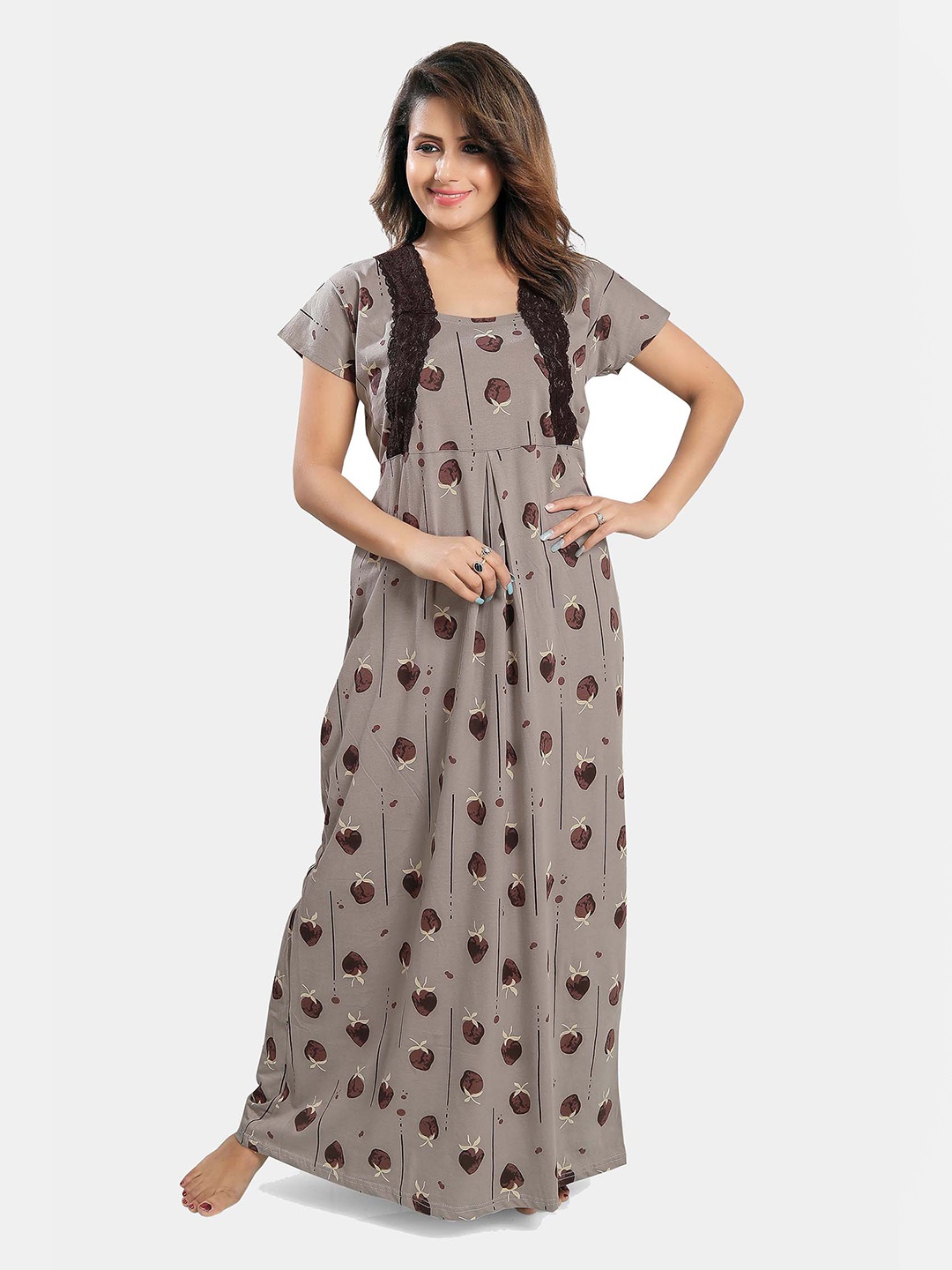 

Ever Loved Maternity Women Grey & Brown Printed Cotton Nightdress