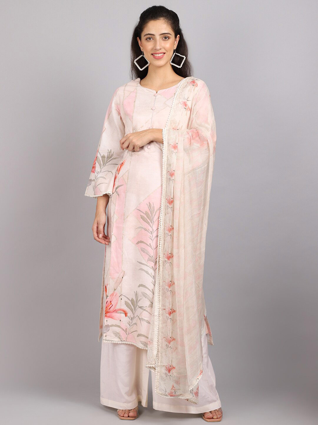 

Stylee LIFESTYLE Cream-Coloured & Pink Printed Unstitched Dress Material
