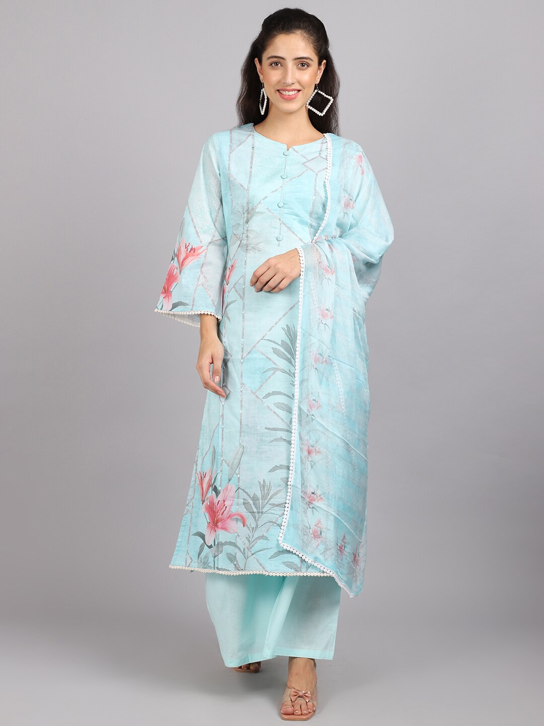 

Stylee LIFESTYLE Turquoise Blue & Pink Printed Unstitched Dress Material