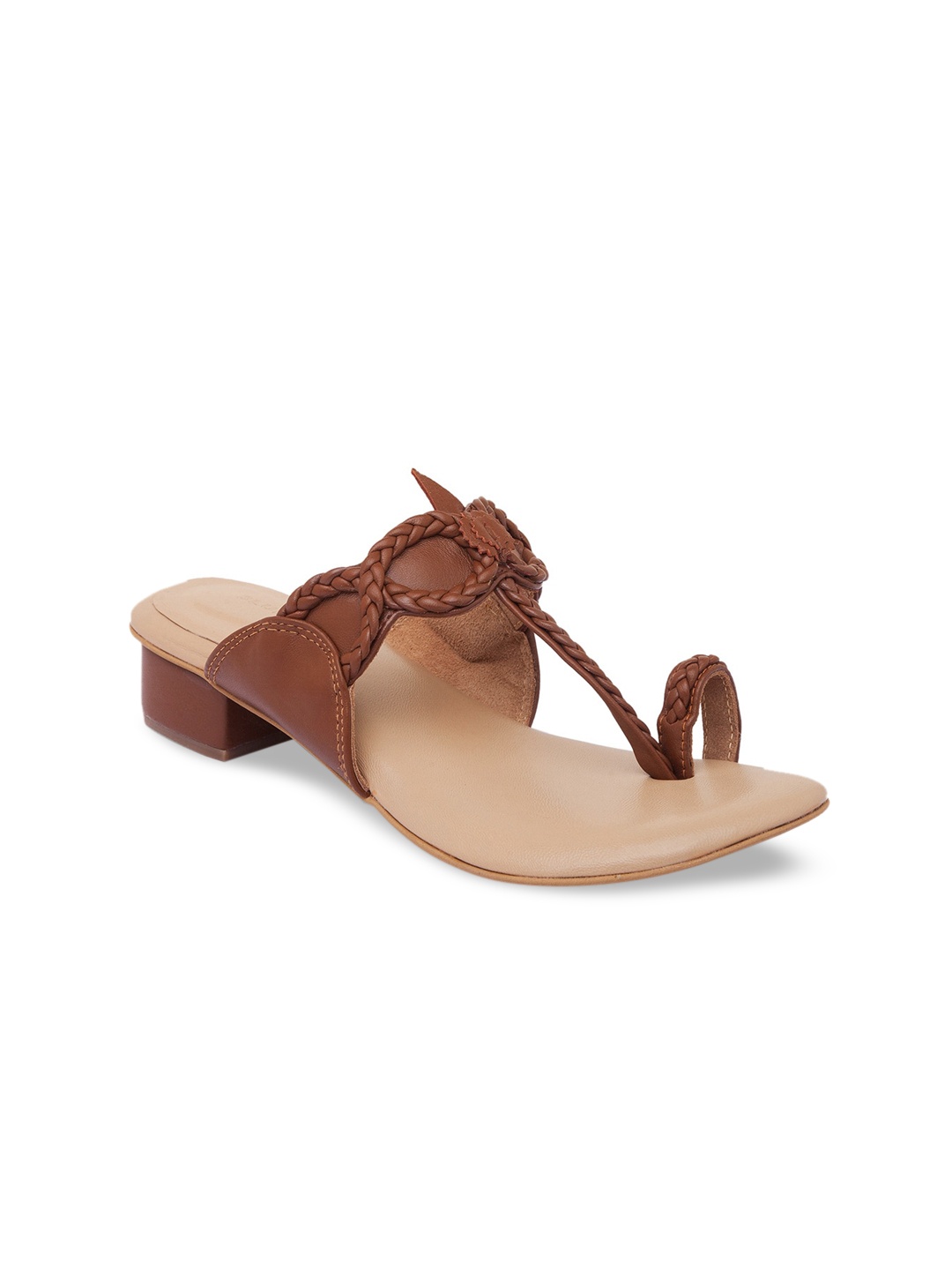 

BLUE BAKSA Tan Leather Handcrafted Kolhapuri Block Heel Sandals