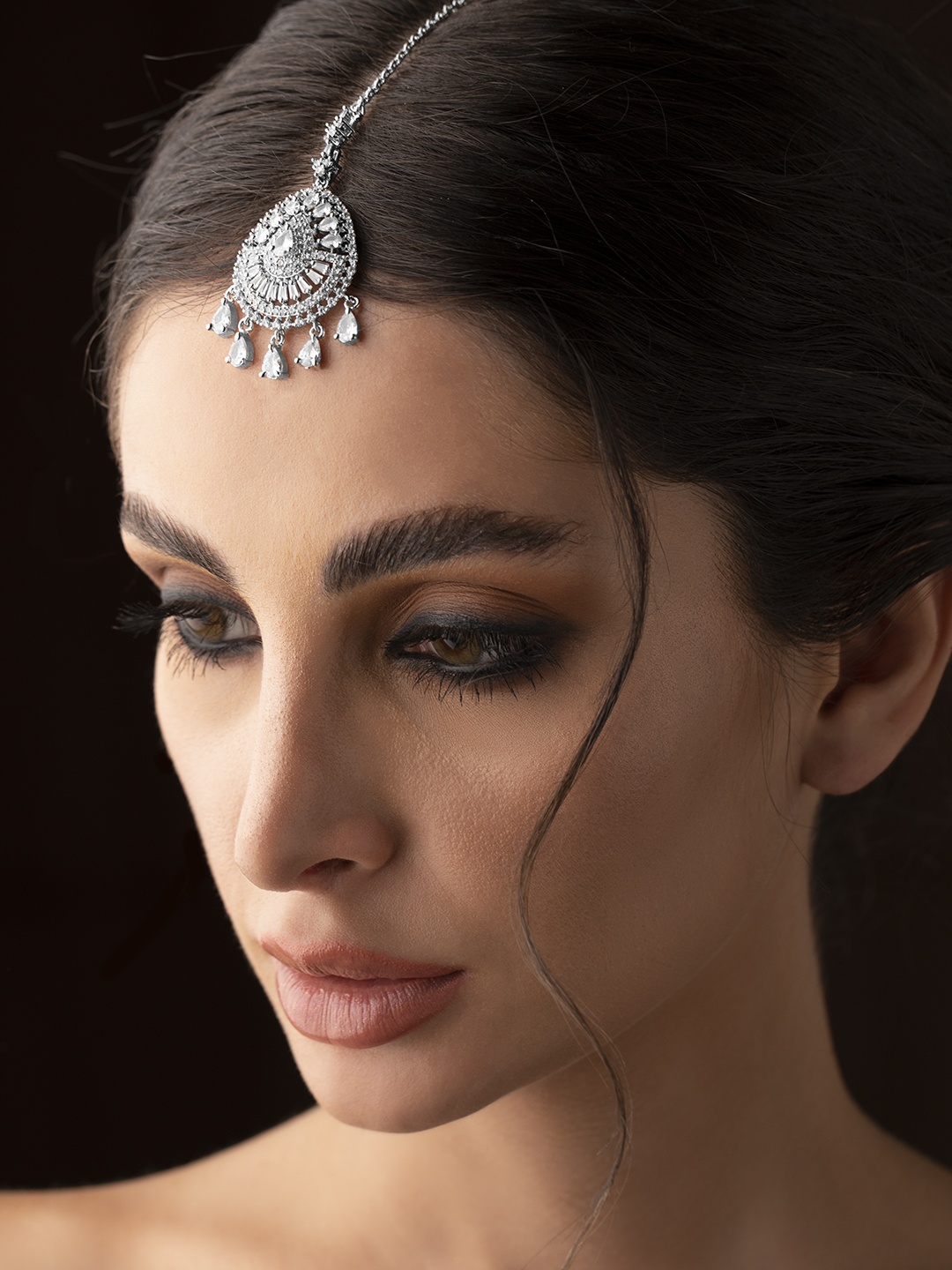 

Rubans Silver-Toned & Silver-Plated American Diamond Studded Maang Tikka