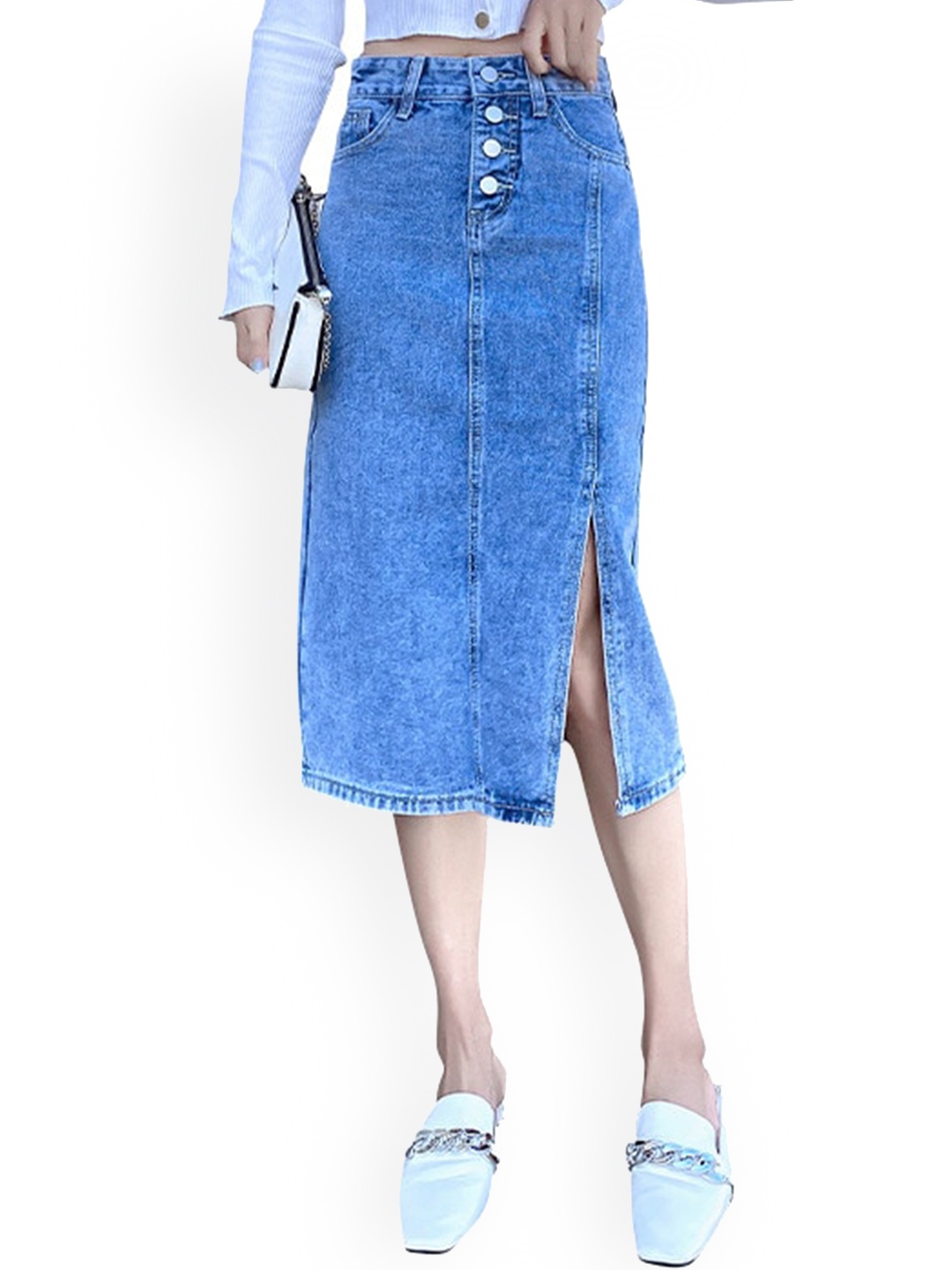 

BoStreet Women Blue Solid Denim Straight Fit Skirts