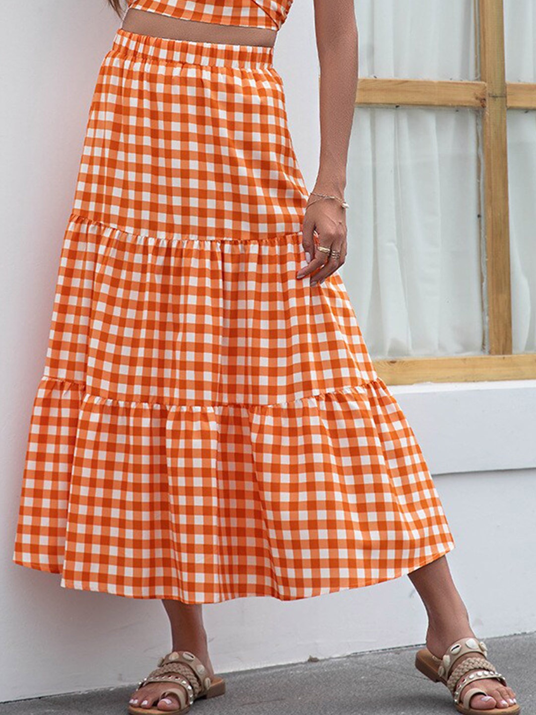 

BoStreet Women Orange & White Checked Flared Maxi Skirt