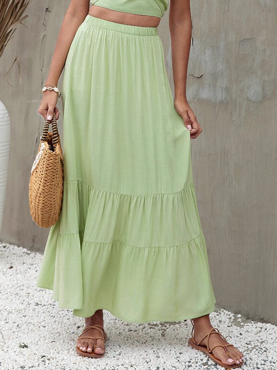 

BoStreet Women Green Solid Tiered Maxi Skirt