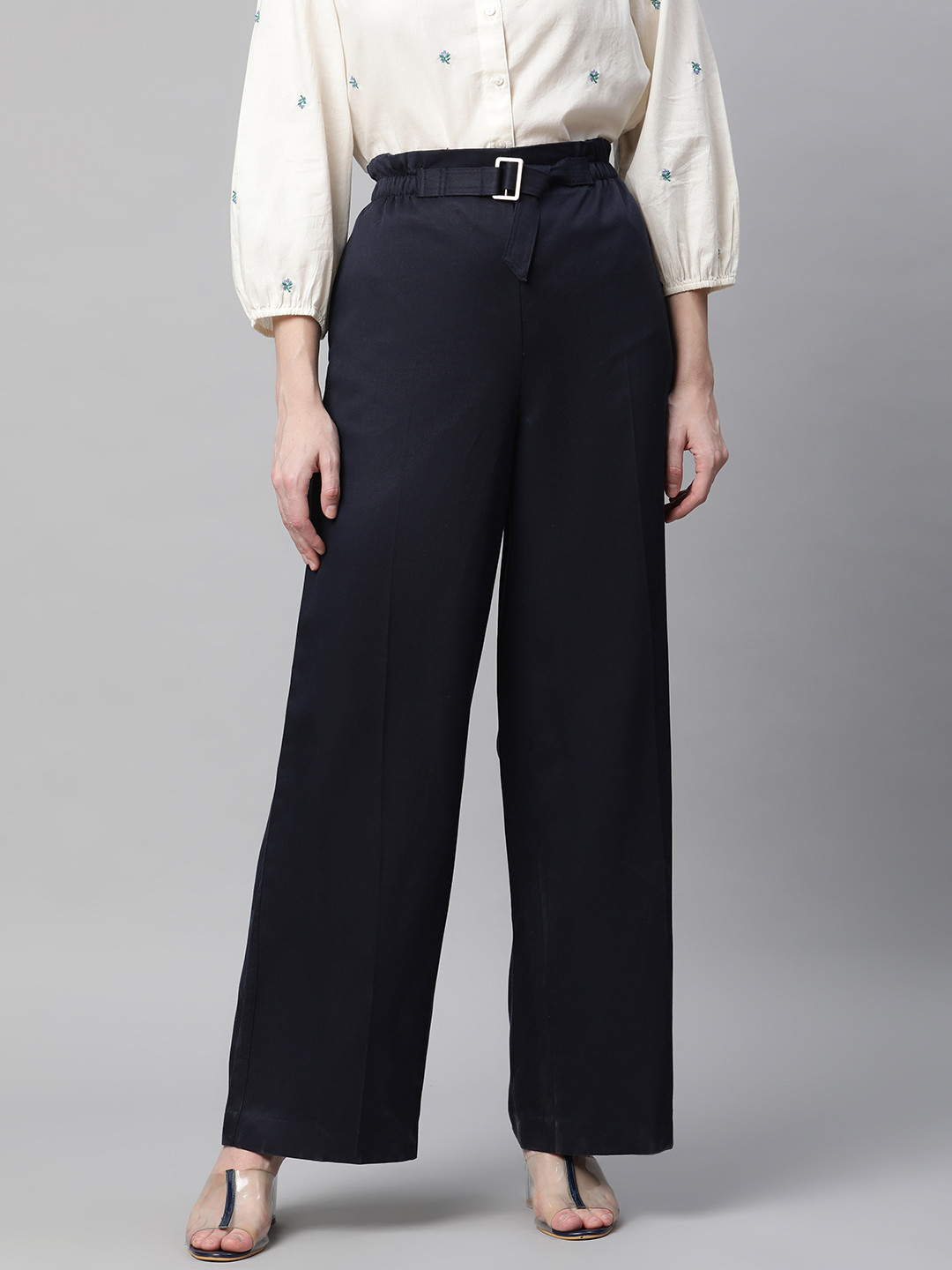 

Marks & Spencer Women Navy Blue Mid-Rise Wide Trousers