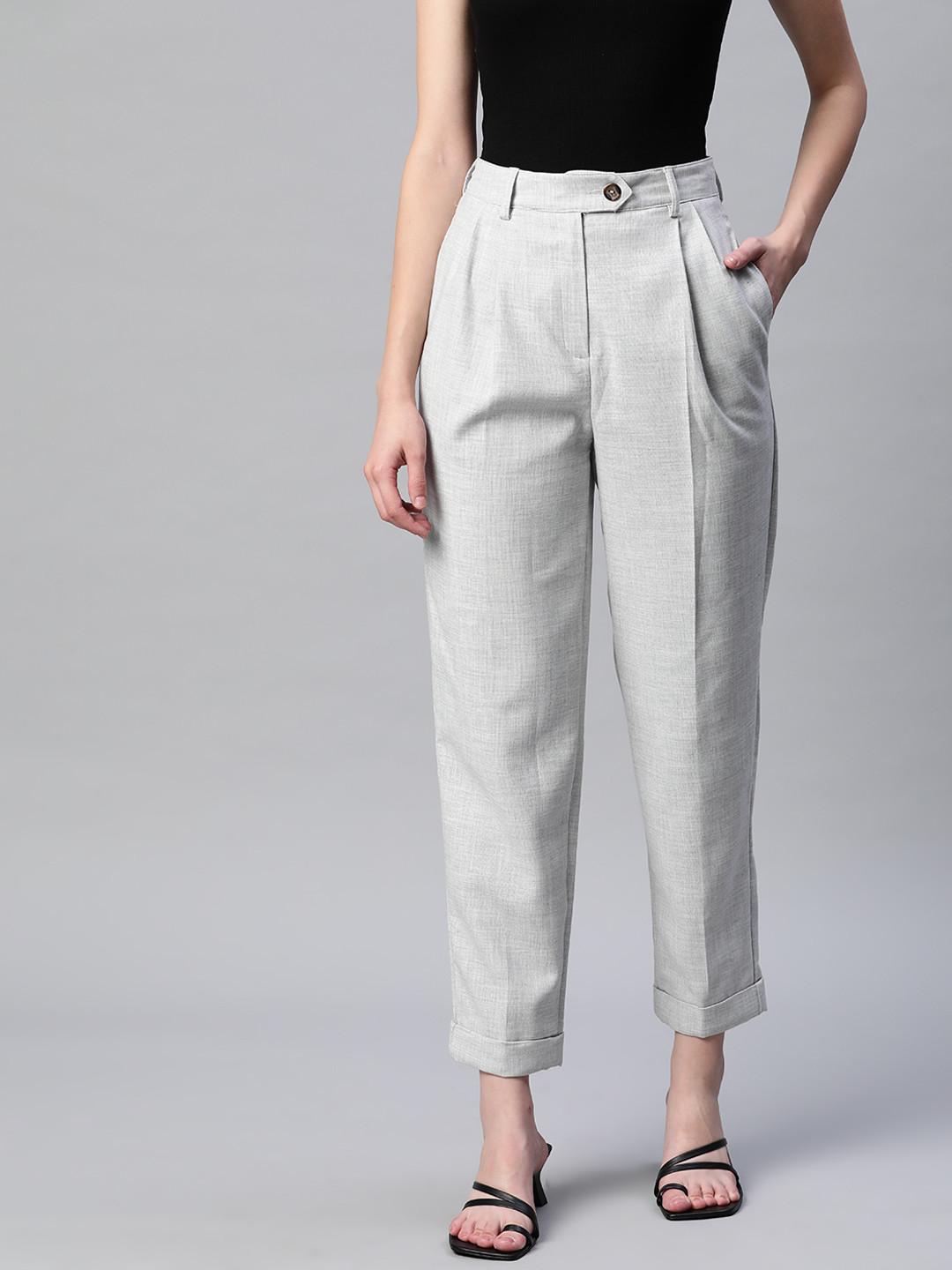 

Marks & Spencer Women Grey High-Rise Pleated Trousers