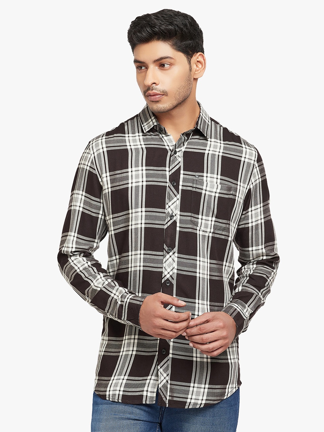

Blue Buddha Men Black Tartan Checks Checked Casual Shirt
