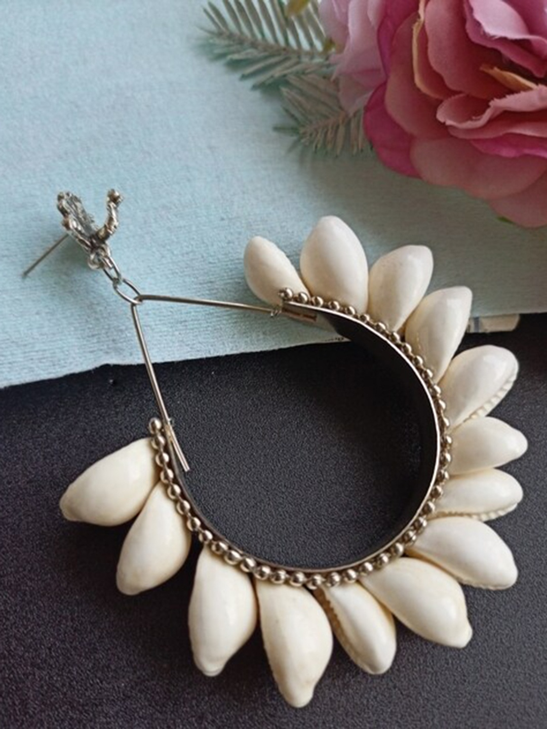 

ANNA CREATIONS Women White Contemporary Shell Hoop Earrings