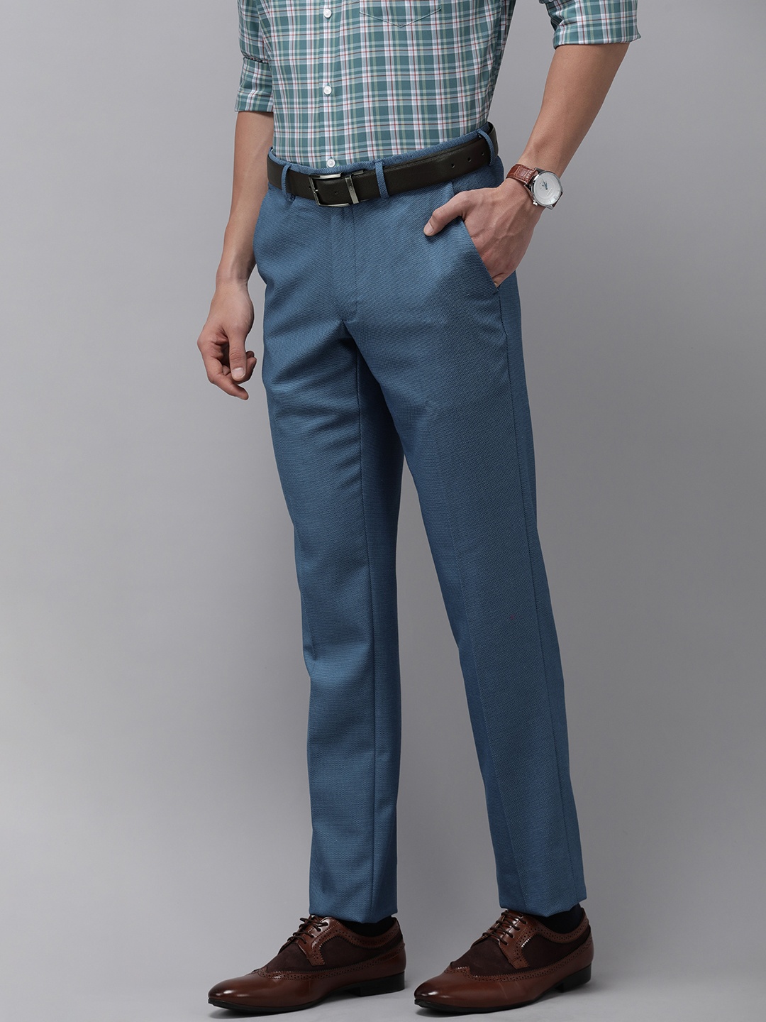 

Van Heusen Men Blue Self Designed Mid Rise Slim Fit Formal Trousers