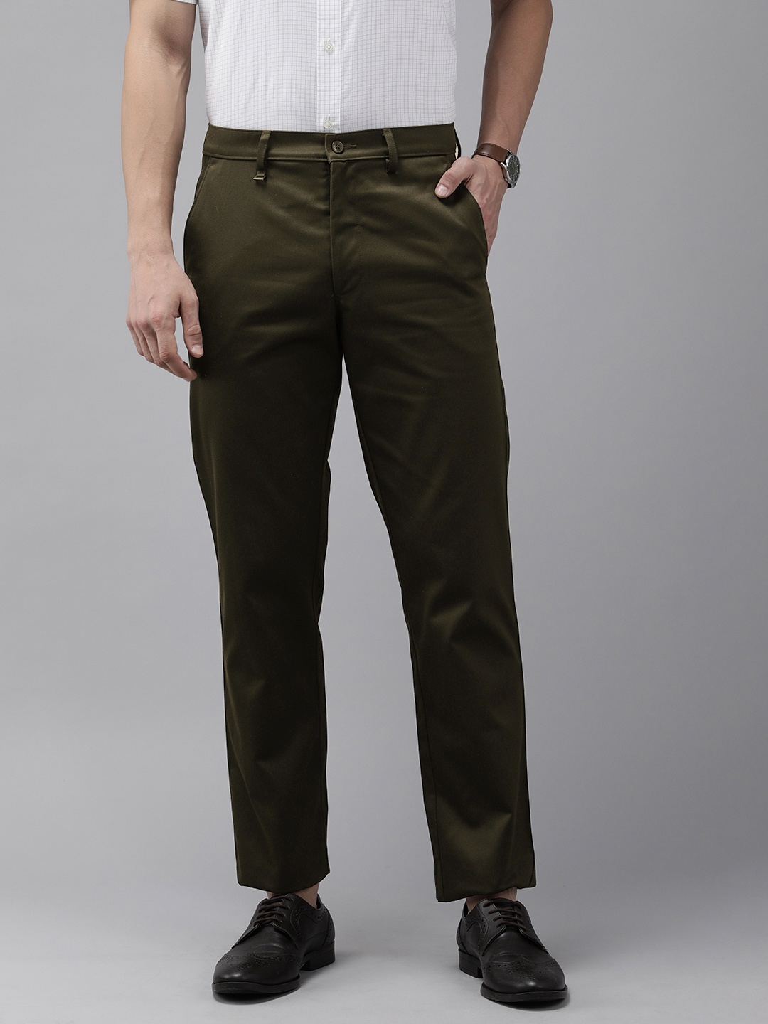 

Van Heusen Men Olive Green Custom Trousers