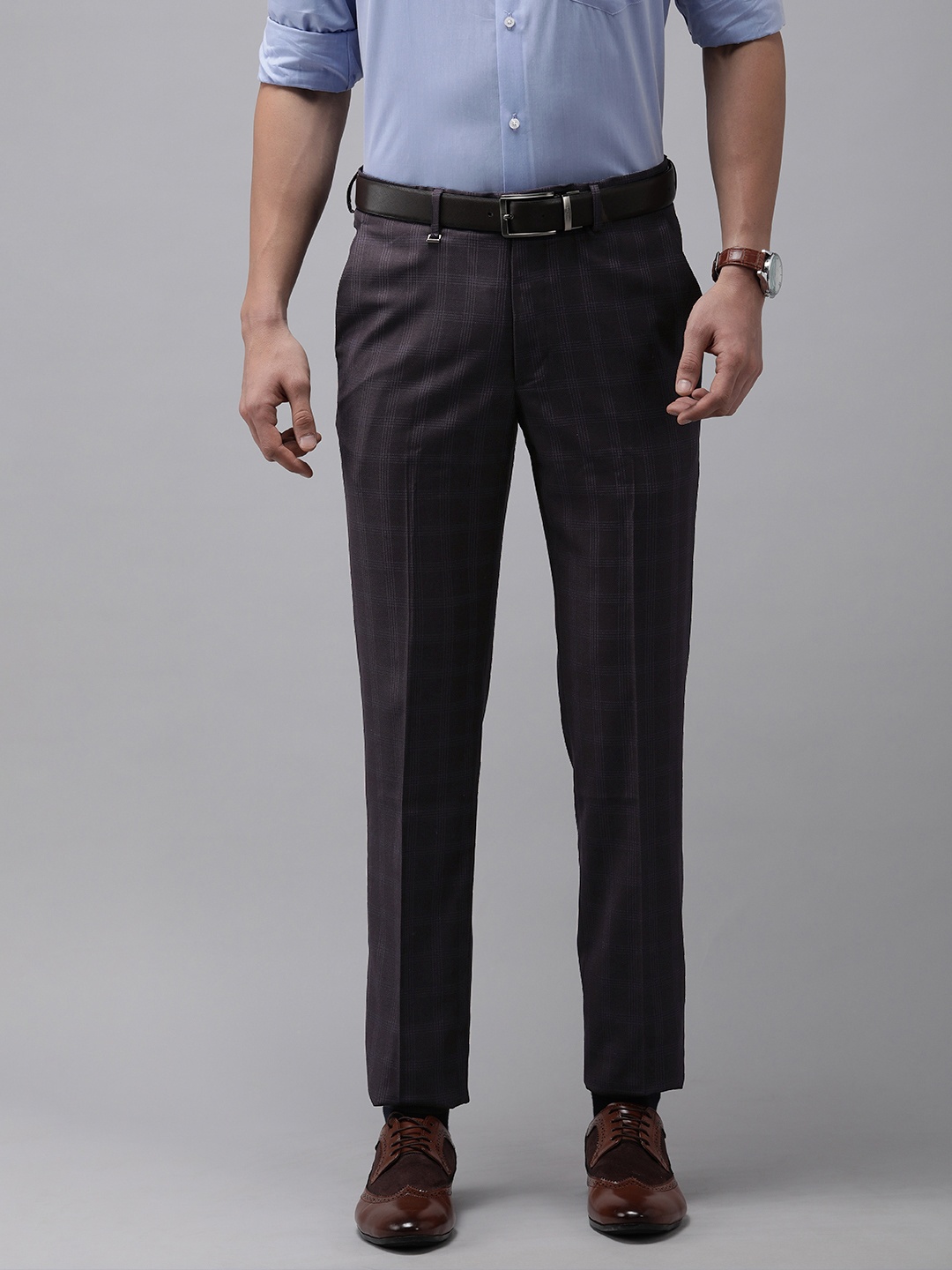 

Van Heusen Men Navy Blue & Brown Checked Slim Fit Trousers