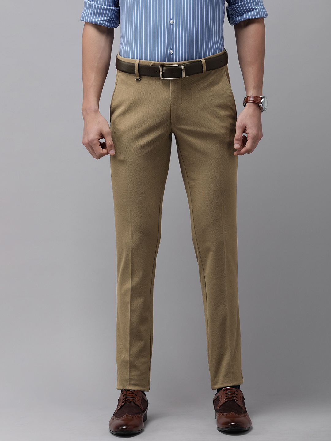 

Van Heusen Men Khaki Textured Ultra Slim Fit Trousers