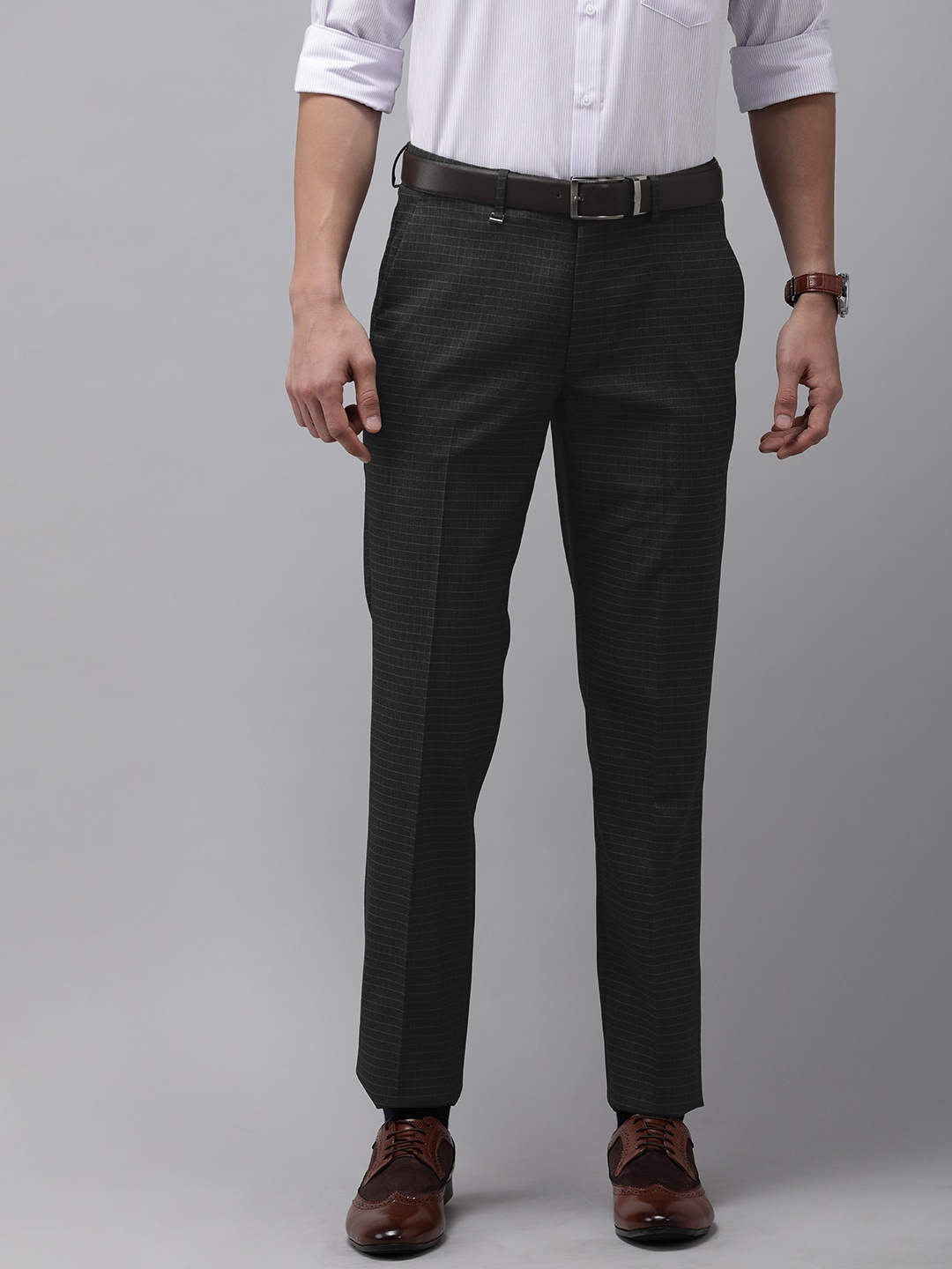 

Van Heusen Men Charcoal Checked Mid Rise Slim Fit Formal Trousers