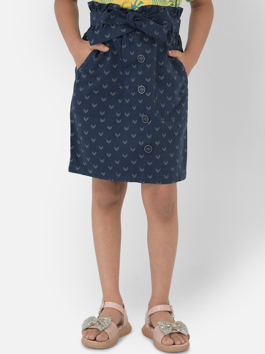 

Crimsoune Club Girls Navy Blue Printed Cotton Skirt With Belt