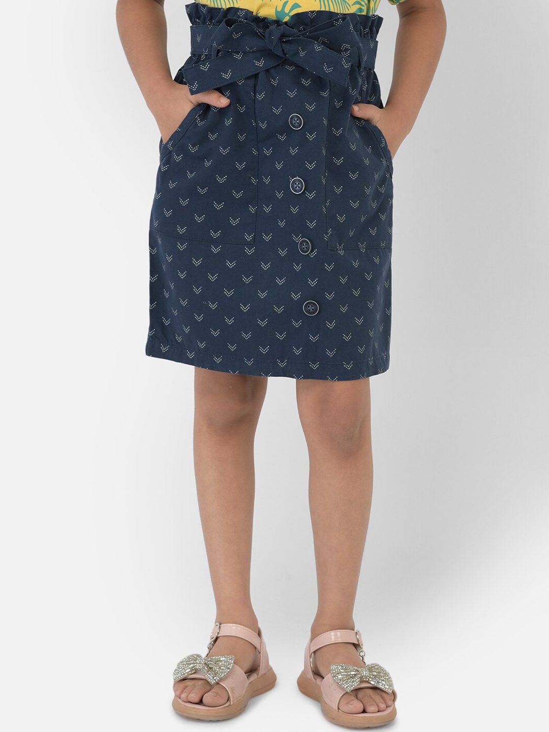 

Crimsoune Club Girls Navy Blue Printed Skirt With Belt