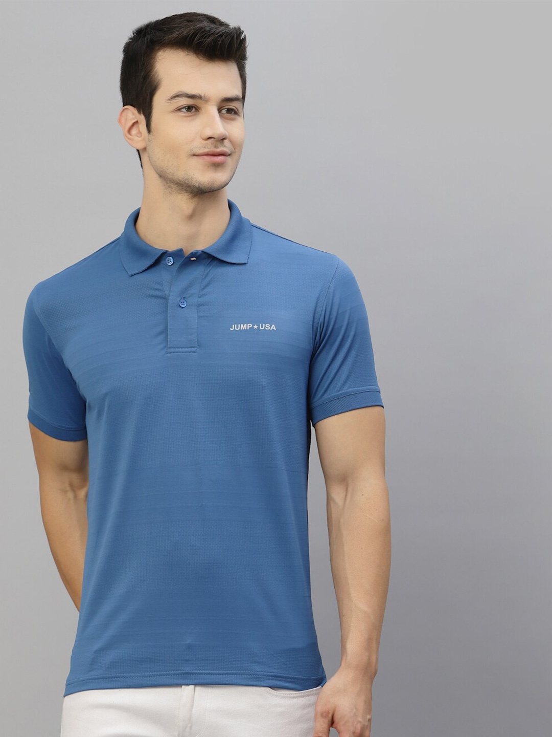

JUMP USA Men Blue Polo Collar Training or Gym T-shirt
