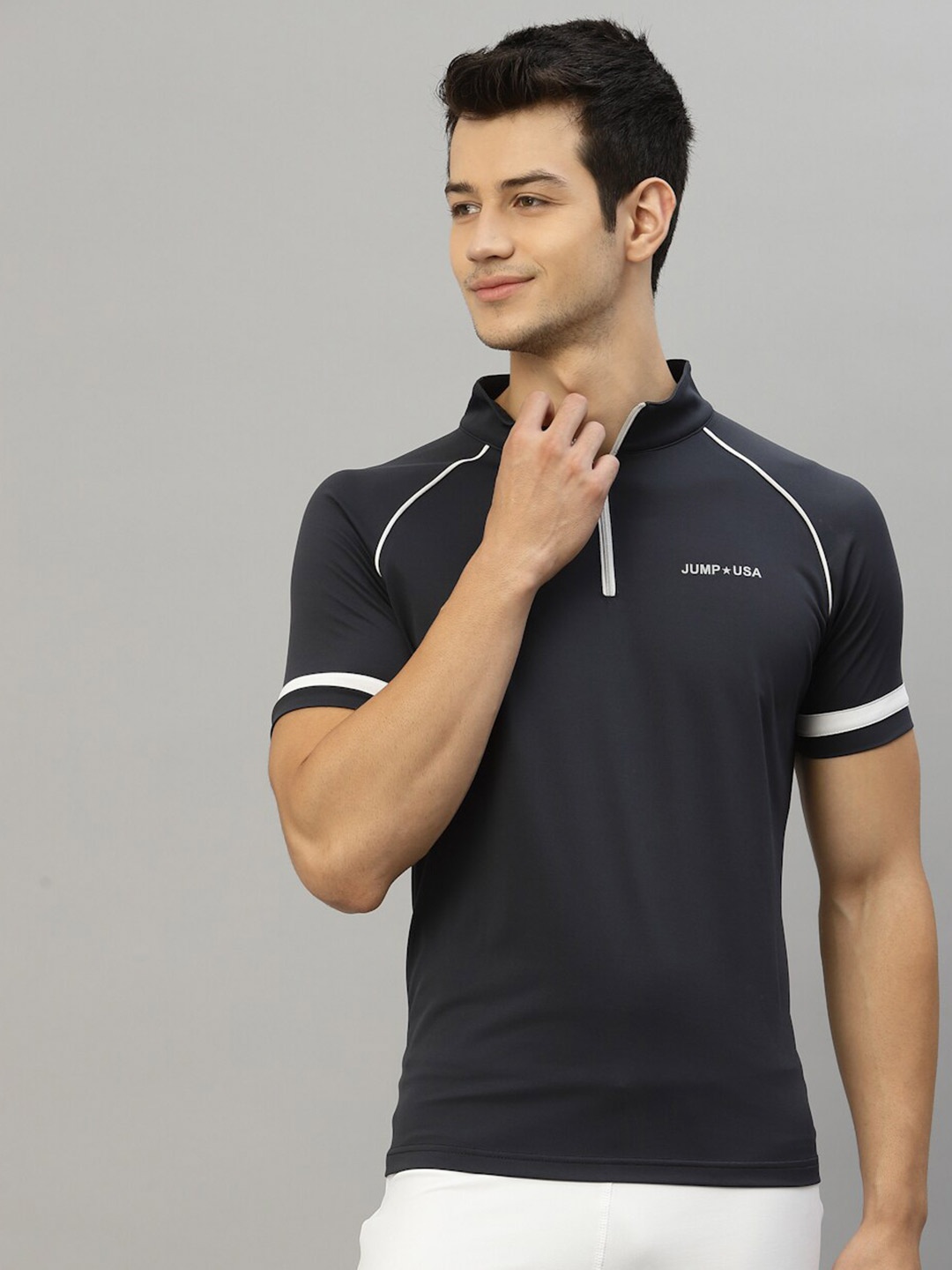 

JUMP USA Men Navy Blue High Neck Rapid Dry T-Shirt