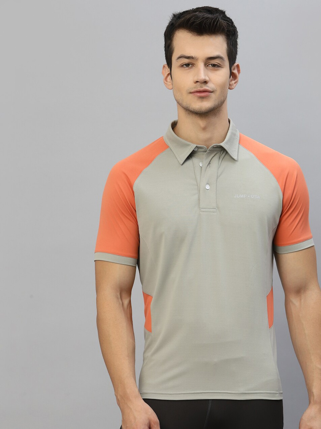 

JUMP USA Men Grey & Peach-Coloured Colourblocked Polo Collar T-shirt
