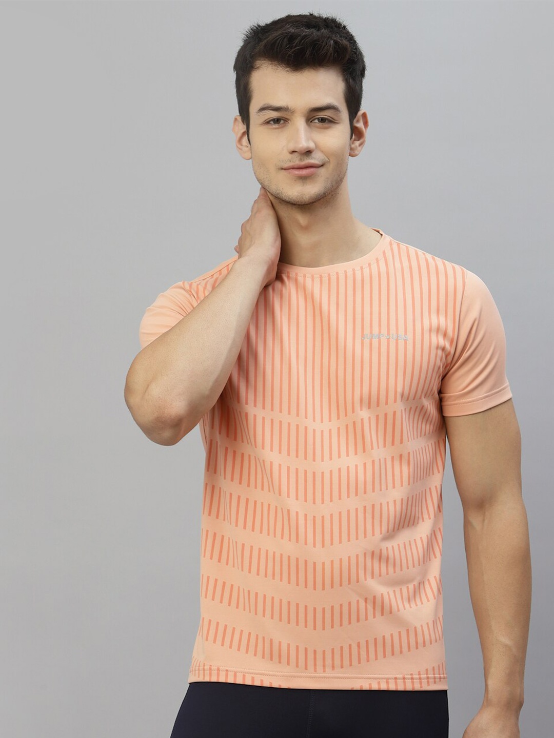 

JUMP USA Men Orange Striped Sports T-shirt