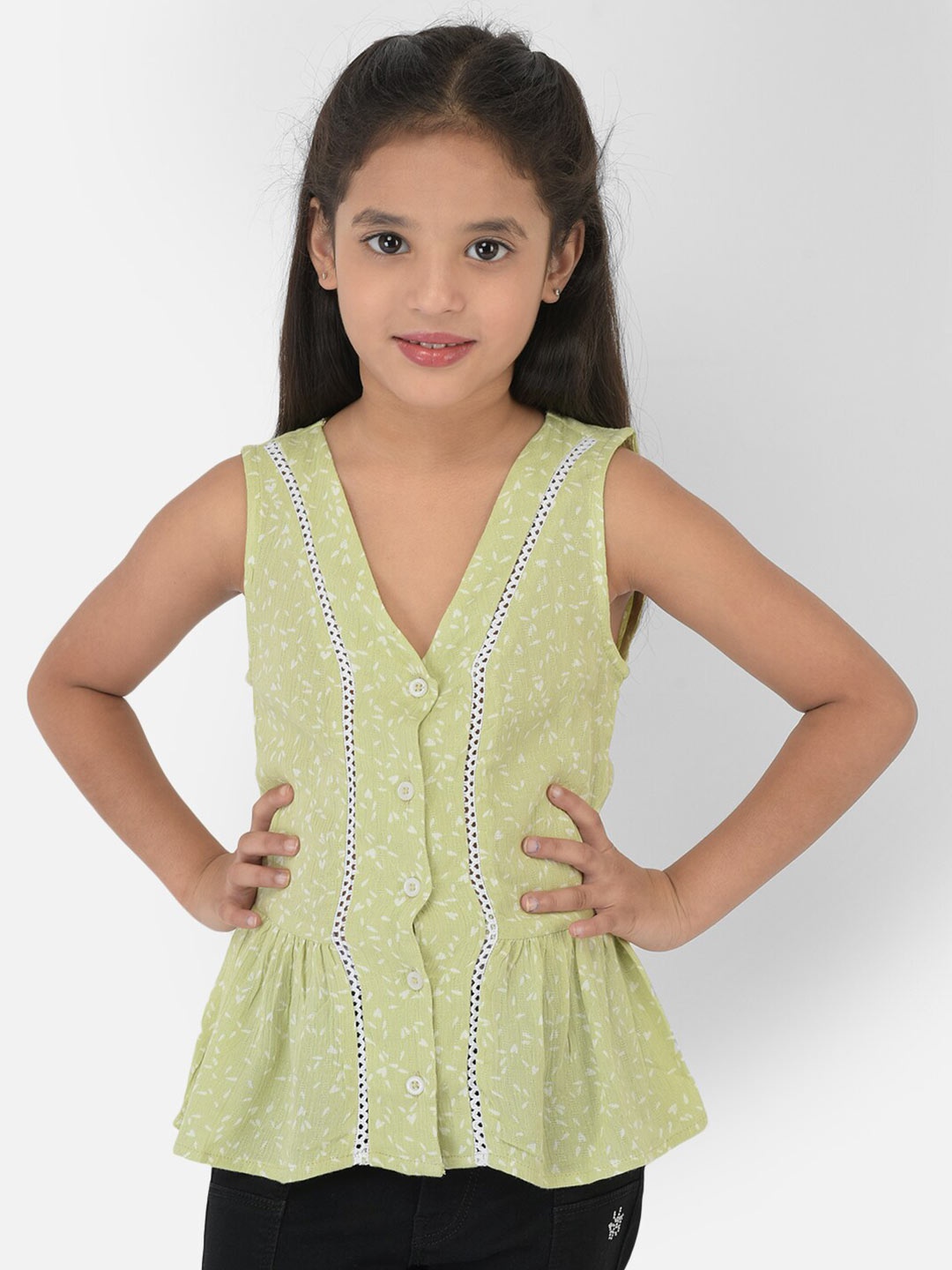 

Crimsoune Club Girls Olive Green Printed Peplum Top