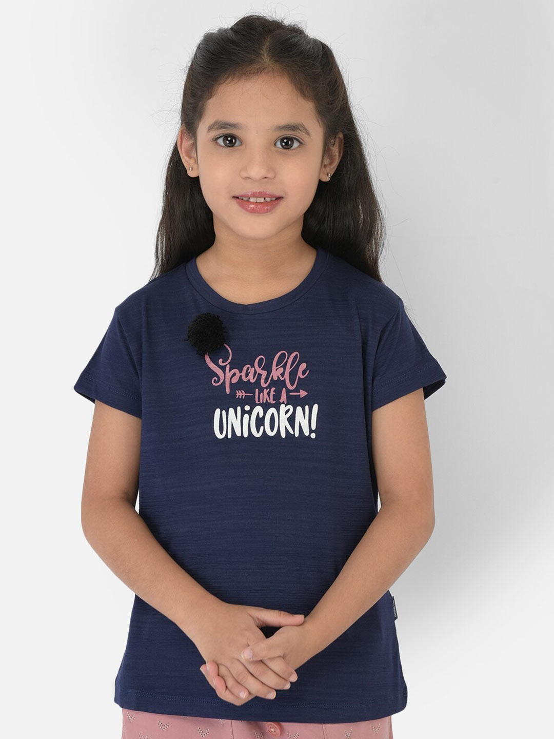 Crimsoune Club Girls Navy Blue Typography Printed Slim Fit T-shirt