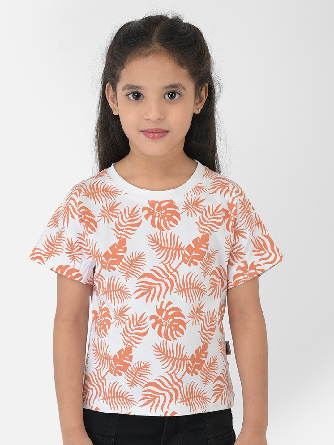 

Crimsoune Club Girls White & Orange Tropical Printed Cotton Slim Fit T-shirt