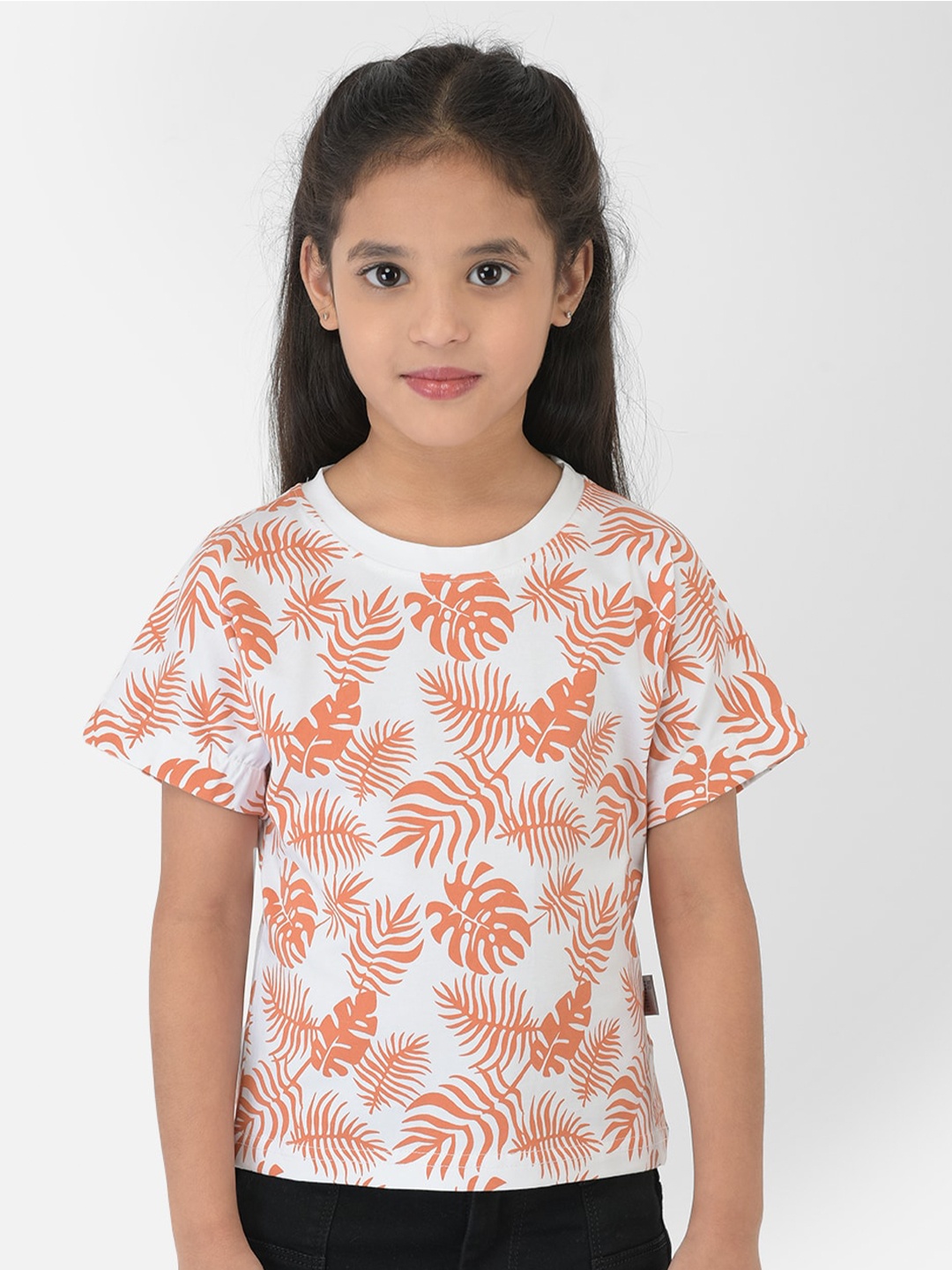 

Crimsoune Club Girls White & Orange Tropical Printed Cotton Slim Fit T-shirt