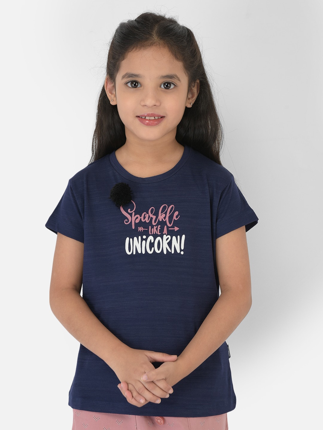 

Crimsoune Club Girls Navy Blue Typography Printed Slim Fit T-shirt