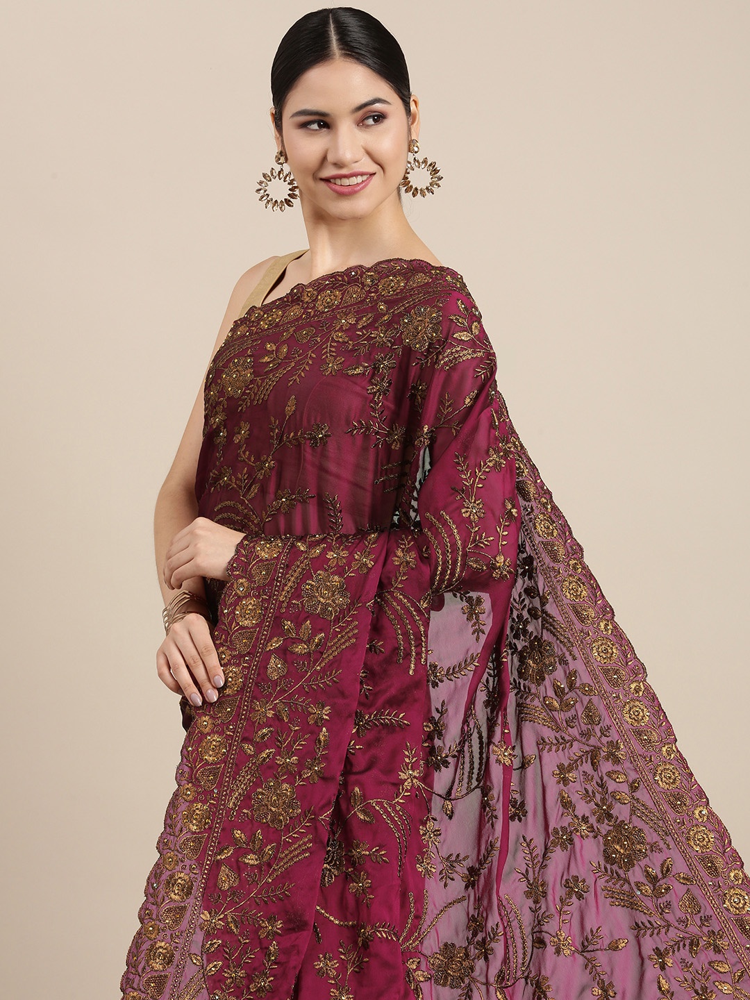 

Pothys Magenta & Copper Floral Embroidered Pure Chiffon Saree