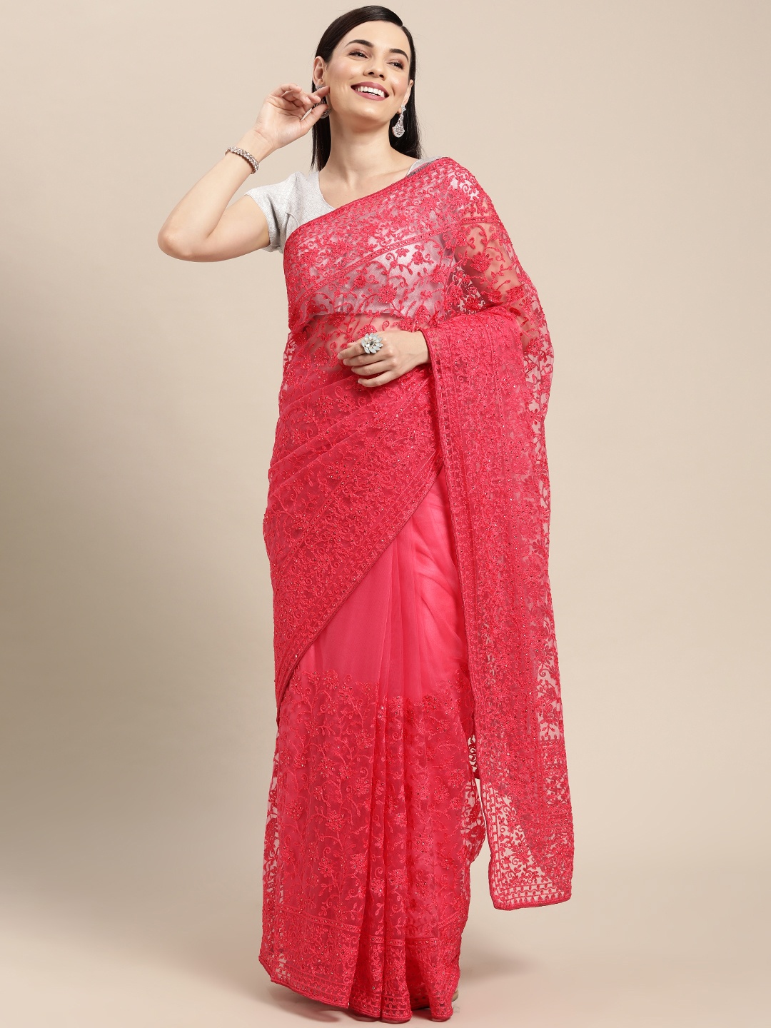 

Pothys Pink Ethnic Motifs Sequinned Net Saree