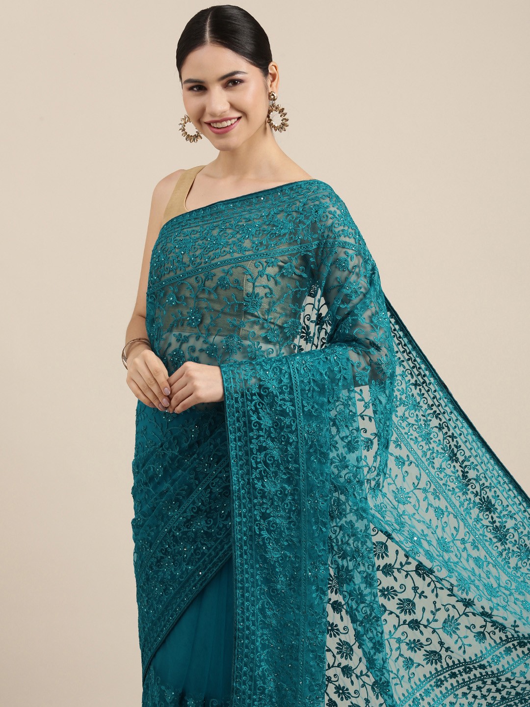 

Pothys Blue Floral Embroidered Net Saree