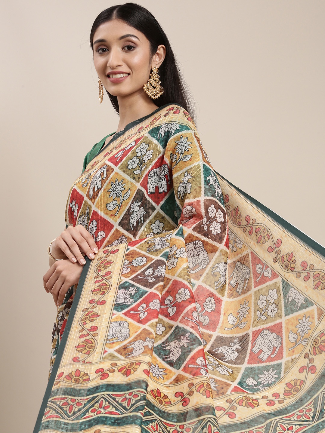 

VASTRANAND Beige & Green Linen Blend Block Print Saree