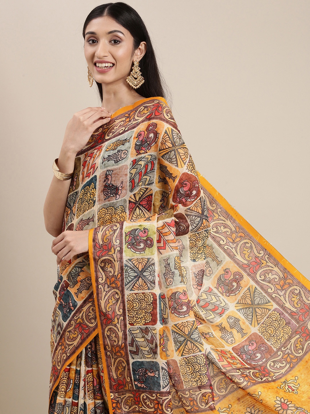 

VASTRANAND Off White & Blue Ethnic Motifs Linen Blend Block Print Saree