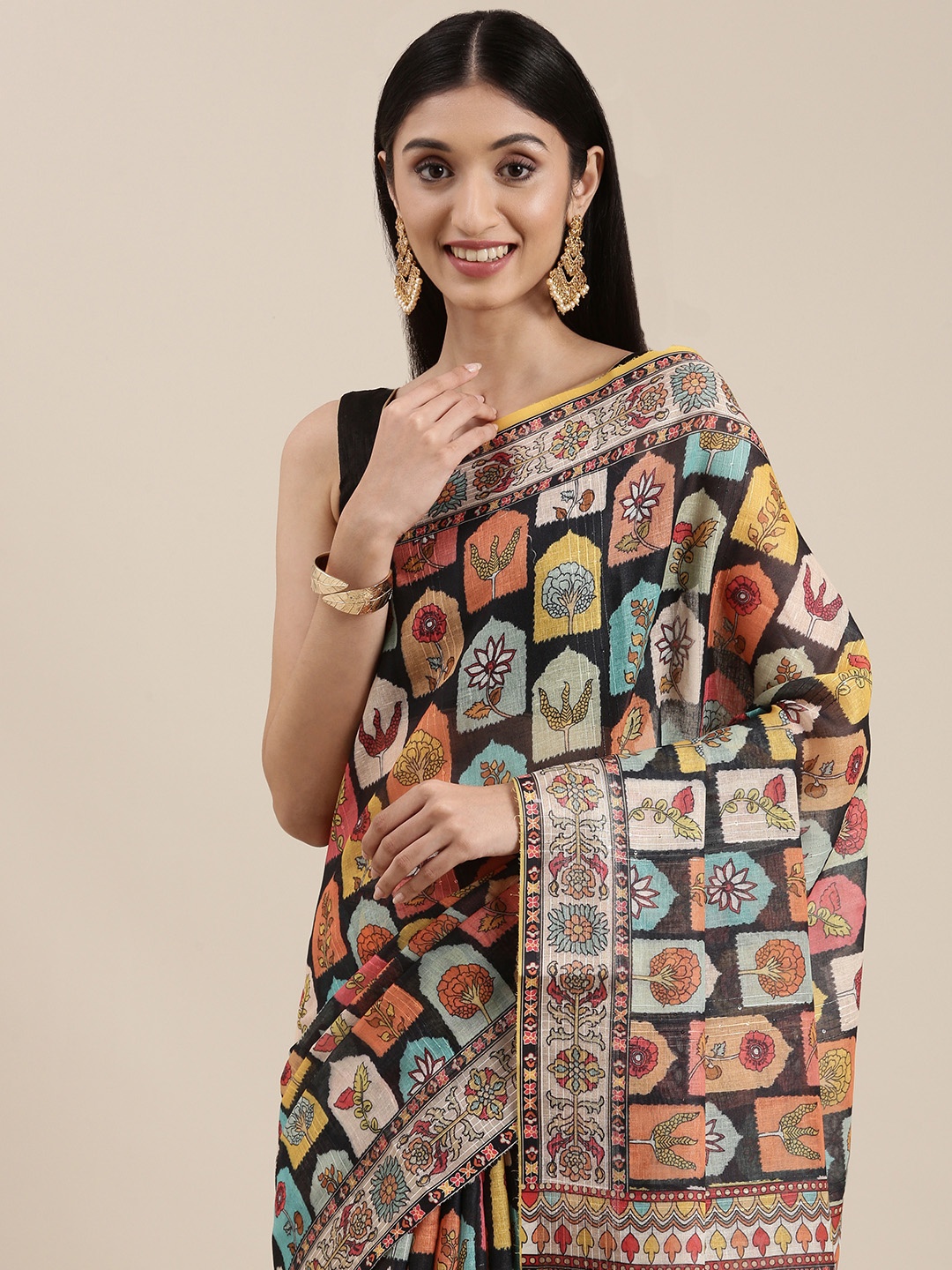 

VASTRANAND Black & Blue Linen Blend Block Print Saree