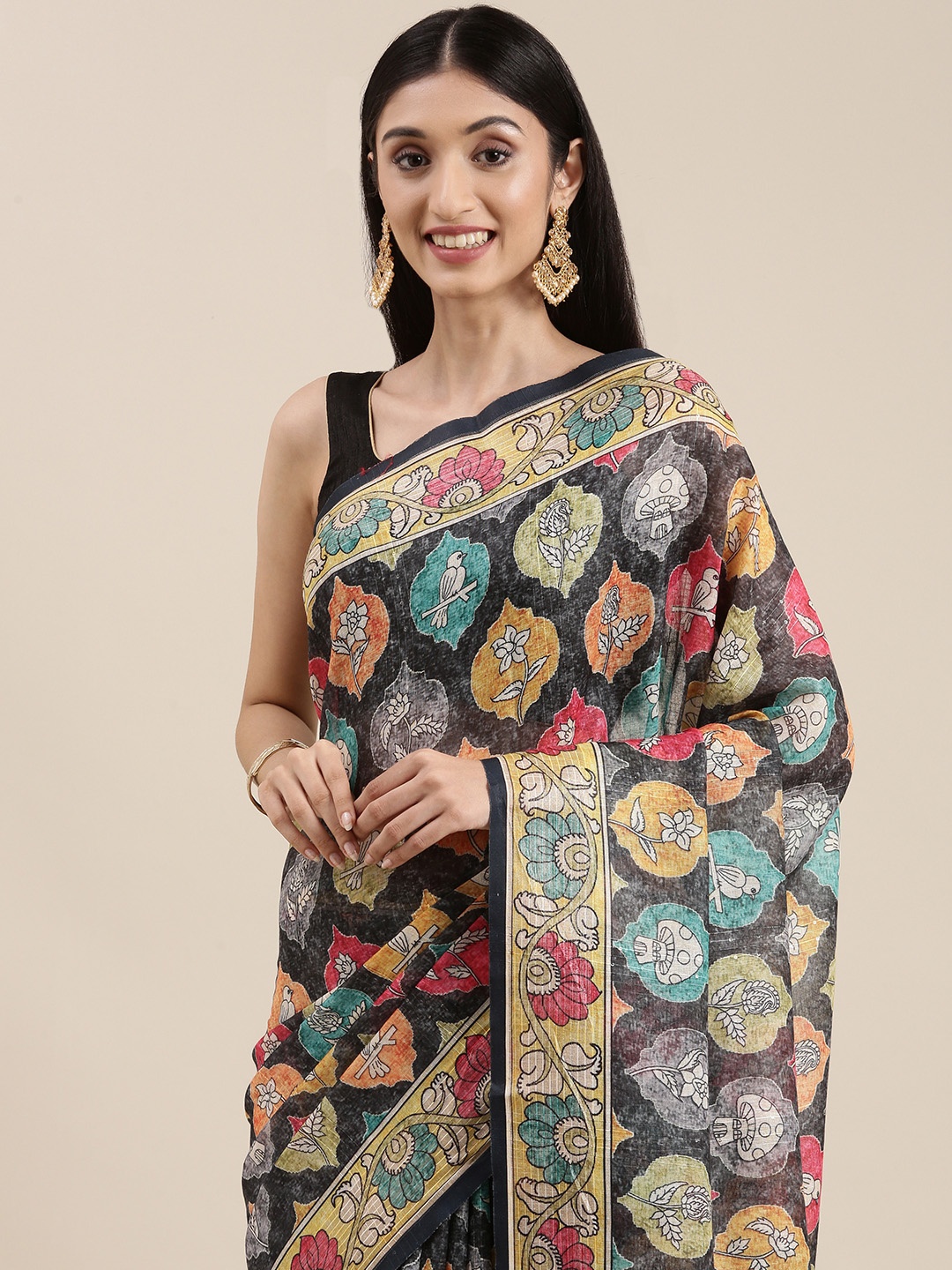 

VASTRANAND Black & Yellow Linen Blend Block Print Saree