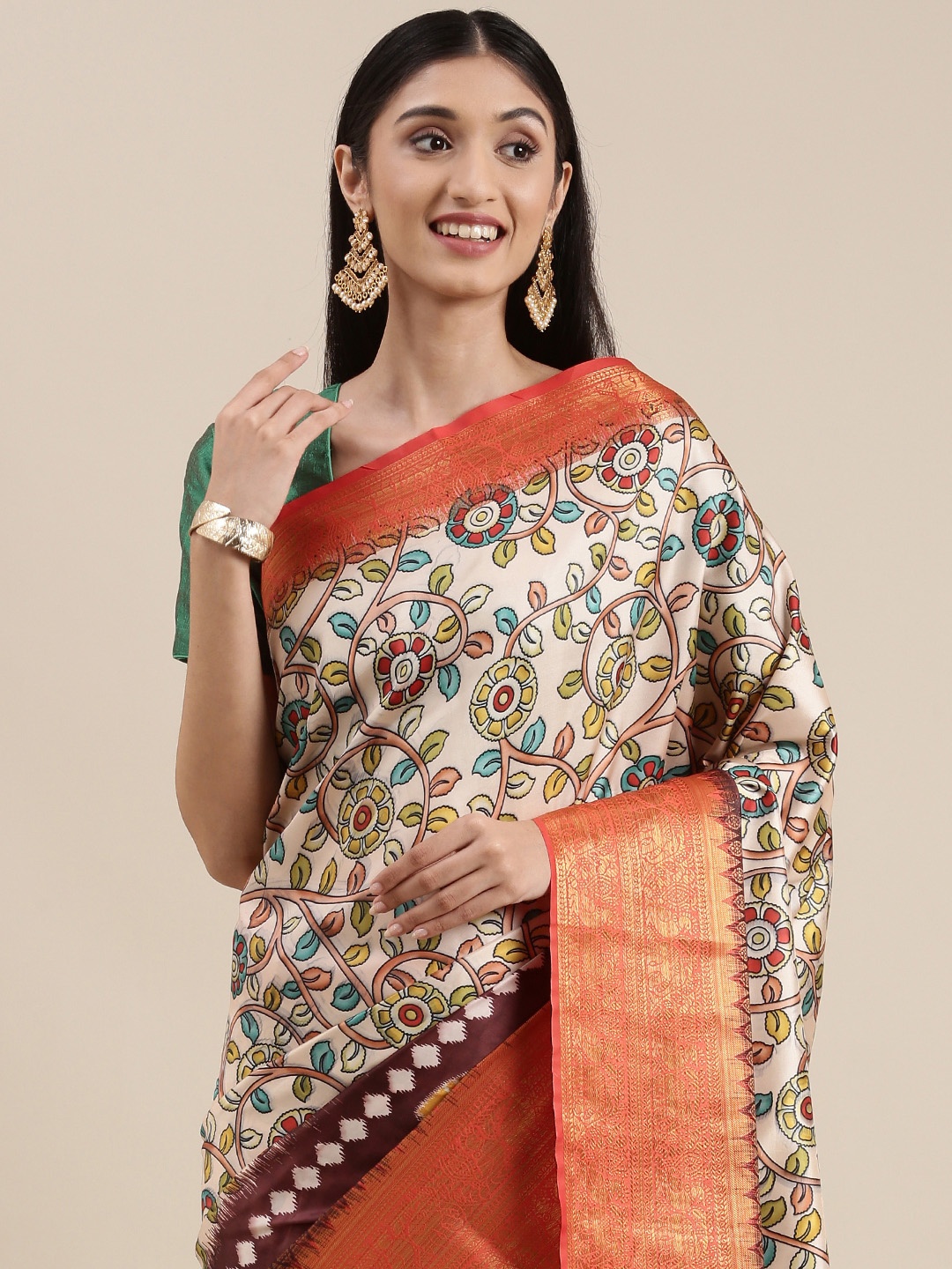 

VASTRANAND White & Orange Ethnic Motifs Zari Silk Blend Kanjeevaram Saree